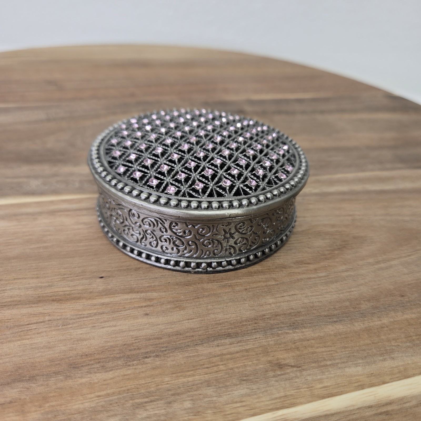 VTG Pewter Metal Trinket Box Pink Rhinestone Filigree Ornate Jewelry Case