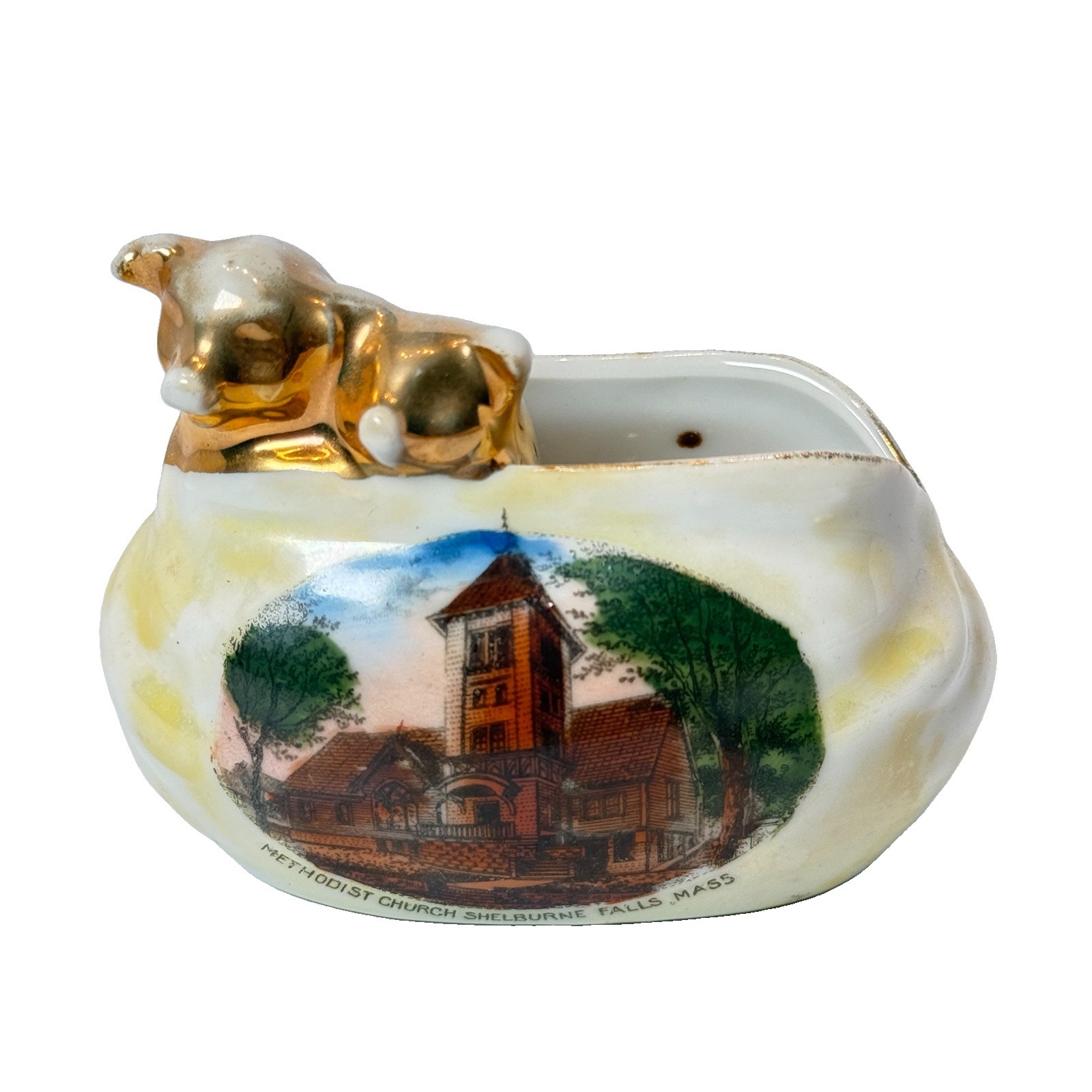 SHELBURNE FALLS MA Massachusetts Souvenir Porcelain METHODIST CHURCH TRINKET SHELBURNE FALLS MA Massachusetts Souvenir Porcelain METHODIST CHURCH TRINKET