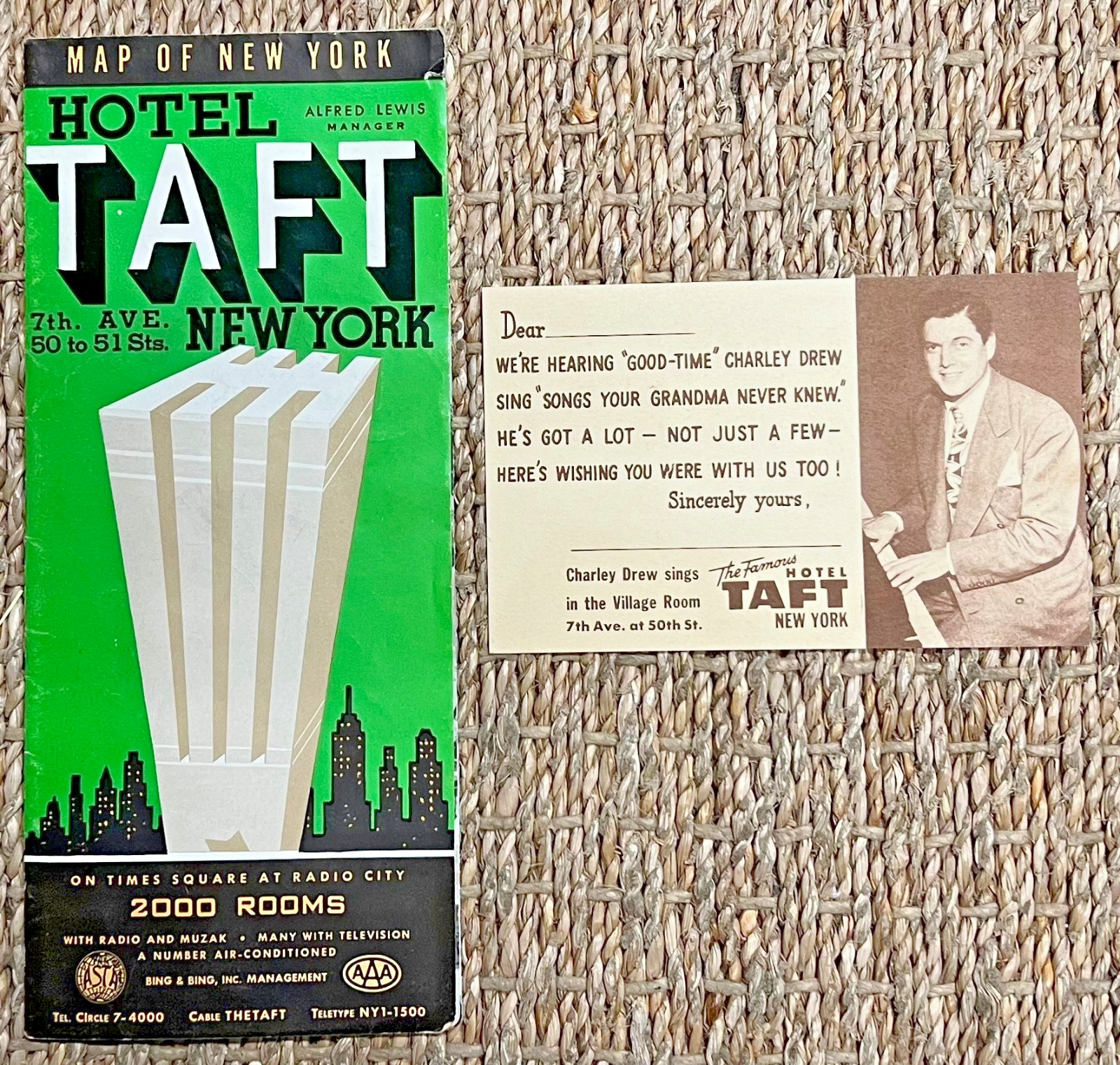 Vintage 1940s HOTEL TAFT, New York Brochure, Pictorial Map, Charley Drew Vintage 1940s HOTEL TAFT, New York Brochure, Pictorial Map, Charley Drew