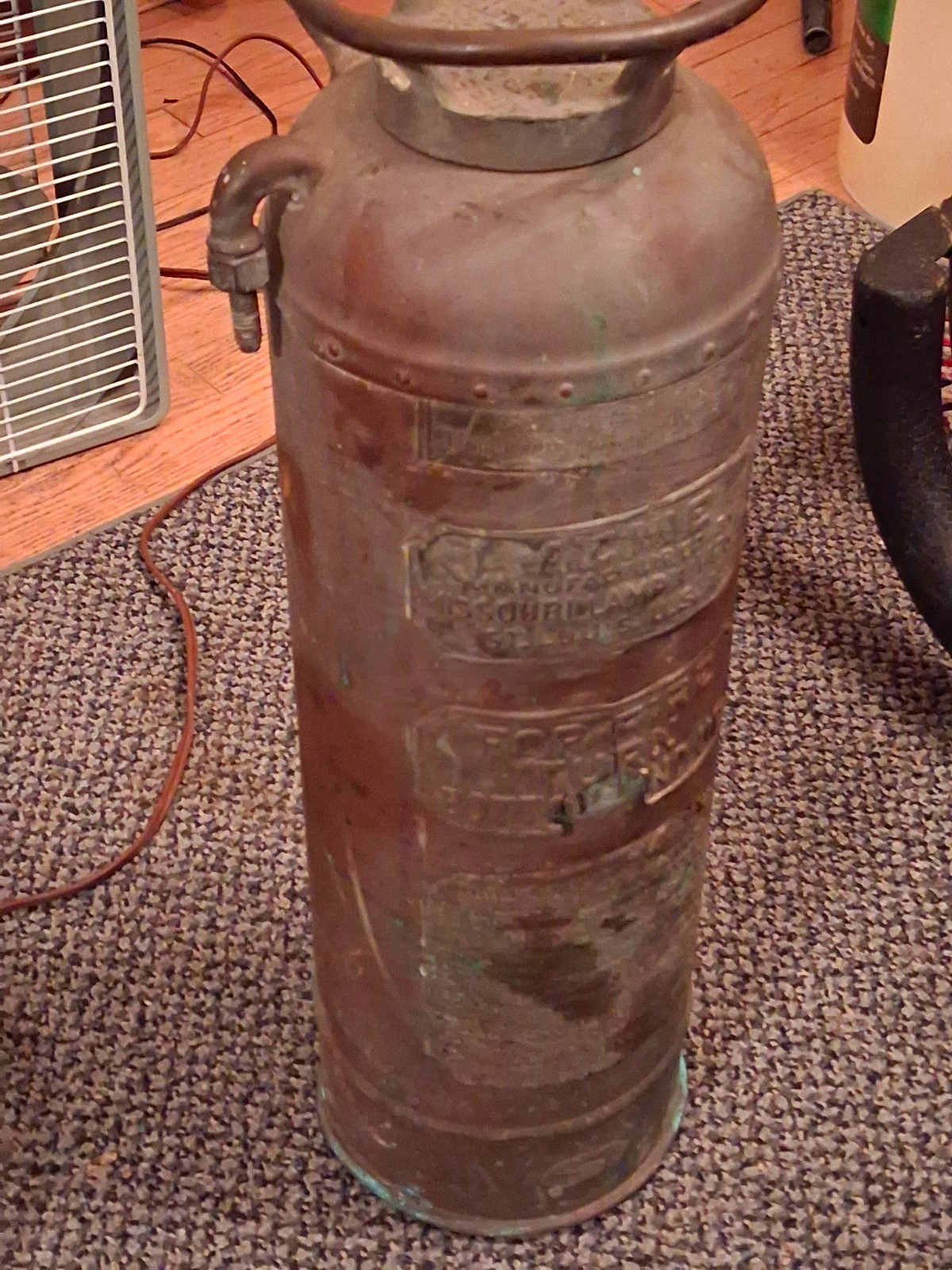 PYRENE Vintage Copper Fire Extinguisher w/ Hose Ring Handle, St. Louis USA