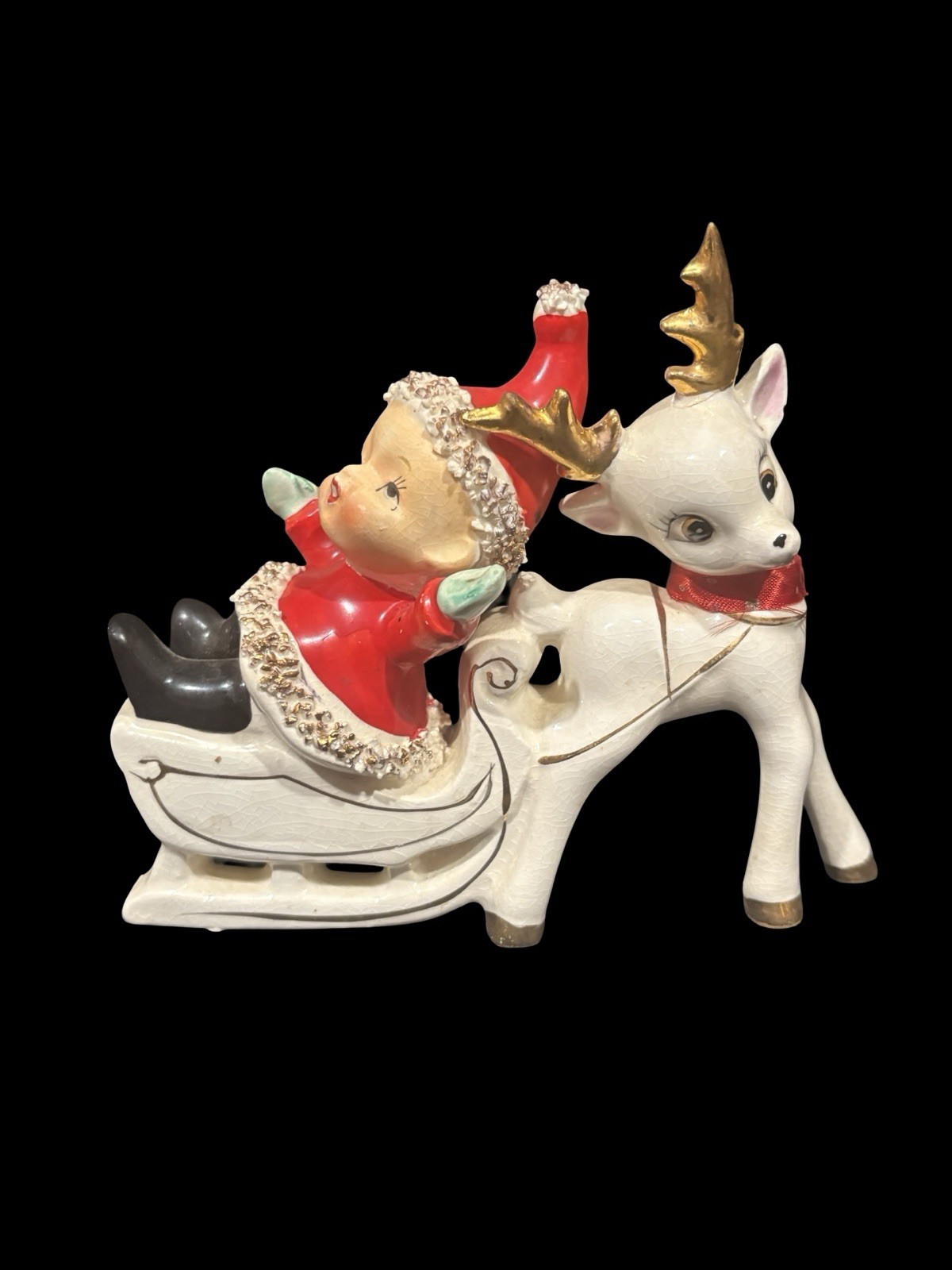 Vtg UCAGCO Christmas Pixie Elf Santa Sled Reindeer Spaghetti Trim Japan RARE Vtg UCAGCO Christmas Pixie Elf Santa Sled Reindeer Spaghetti Trim Japan RARE