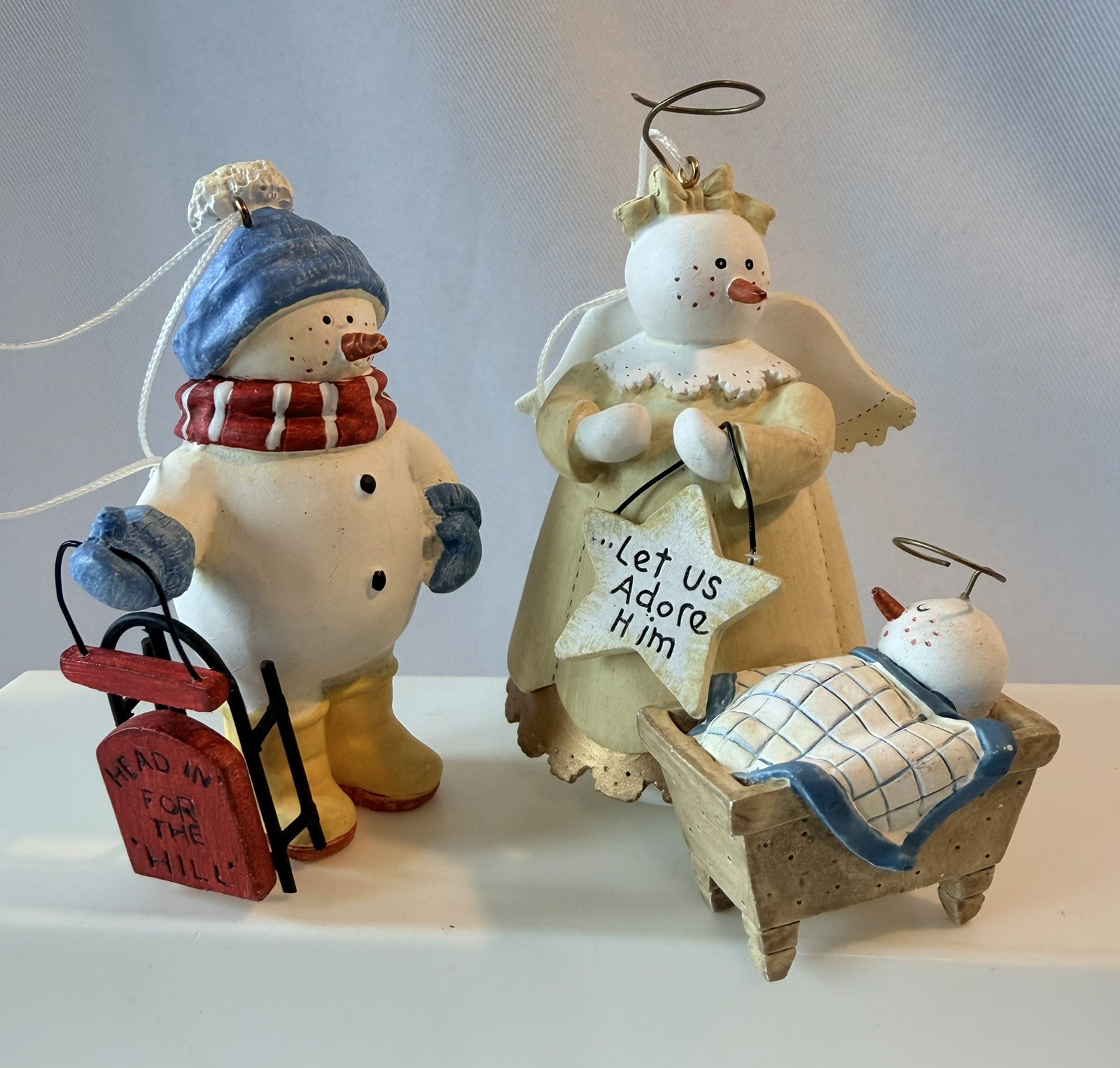 2 Midwest Sandi Gore Evans Christmas Ornaments Snowman Angel & Sled 3.5” Tall 2 Midwest Sandi Gore Evans Christmas Ornaments Snowman Angel & Sled 3.5” Tall