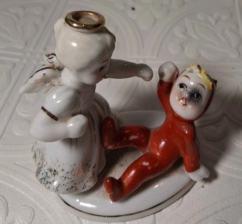 Porcelain Angel and Red Devil Pixie Figurine Mid-Century Kitsch Collectible. Porcelain Angel and Red Devil Pixie Figurine Mid-Century Kitsch Collectible.
