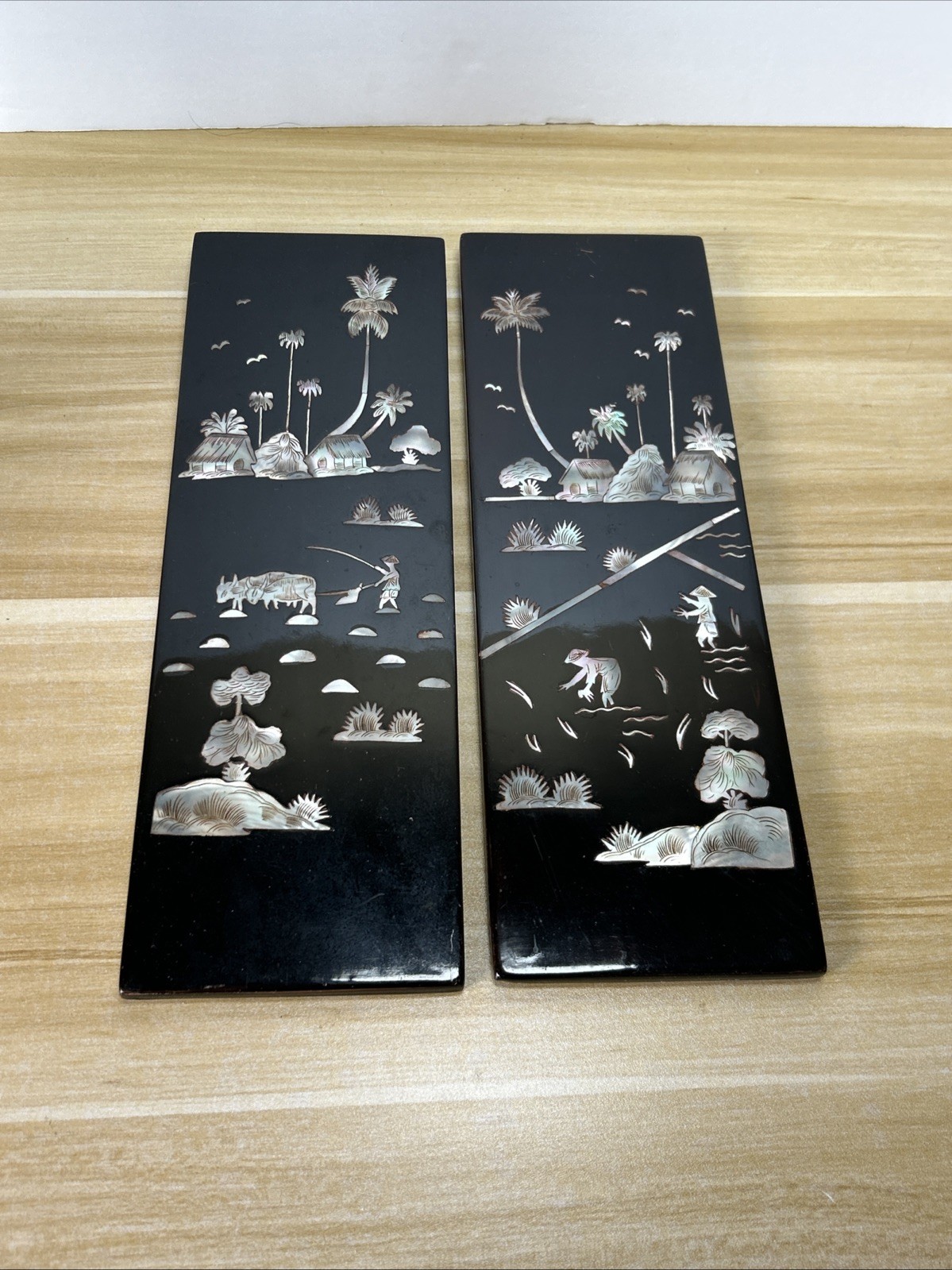 Vintage Asian Chinese Wall Art Panels Mother Of Pearl Black Lacquer Hanging