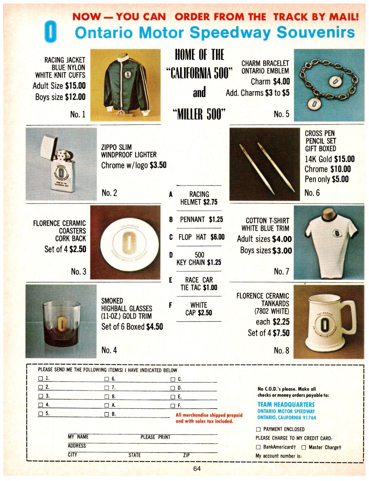 1973 PRINT AD, Ontario Motor Speedway Souvenirs 70's California Miller 500 Ad
