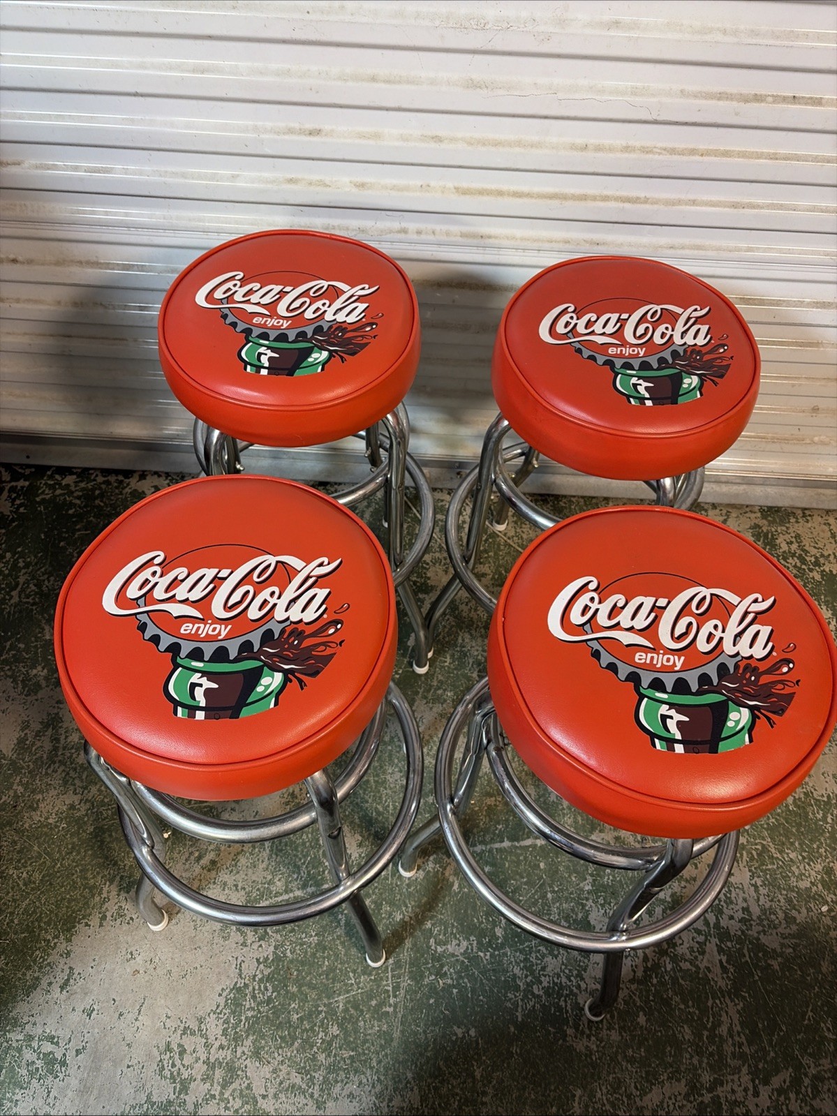 Set 4 Coca Cola Bar Stools 29” Chrome Red Vinyl Bottle Cap Seats Mancave EUC