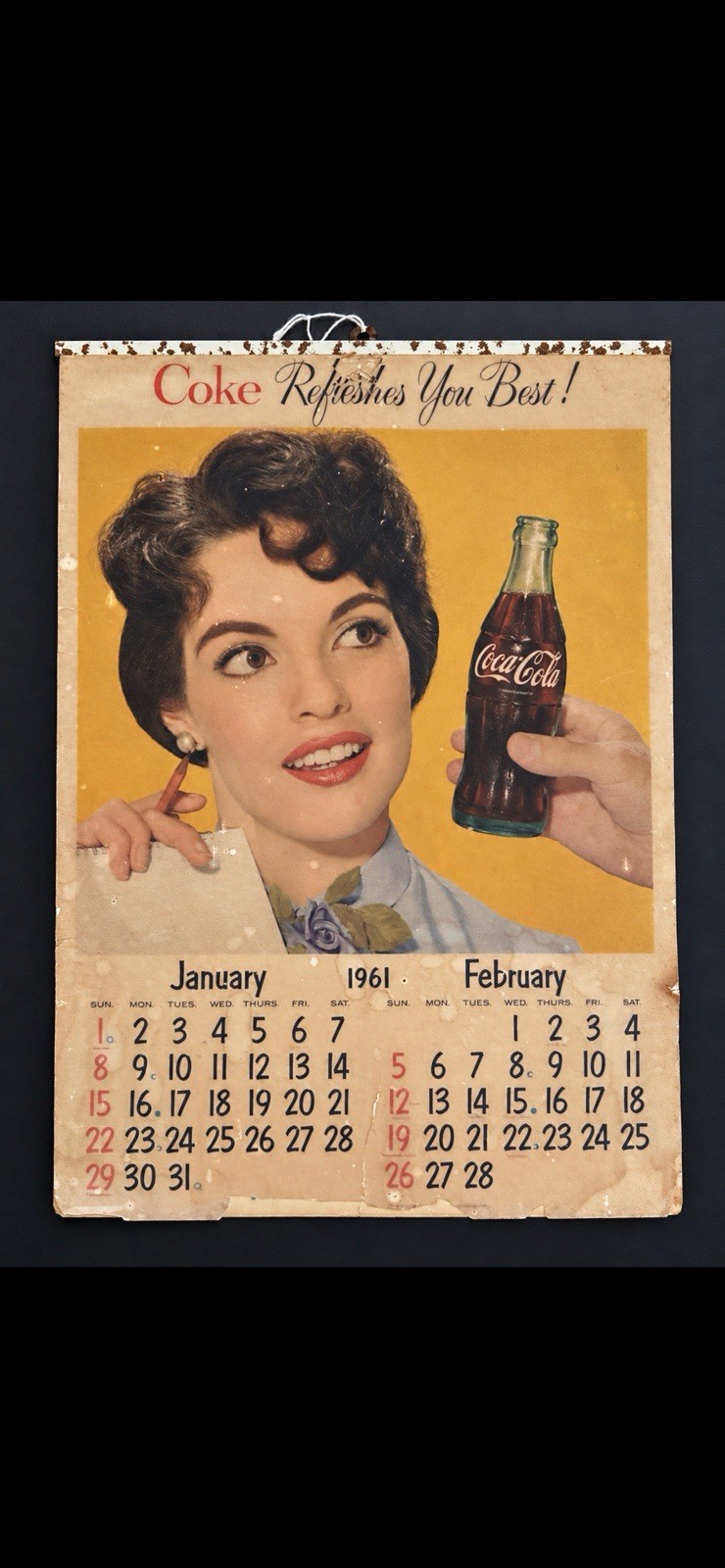 Vintage 1961 Coca-Cola Wall Calendar All Months + Dec 1960 Santa Claus Coke