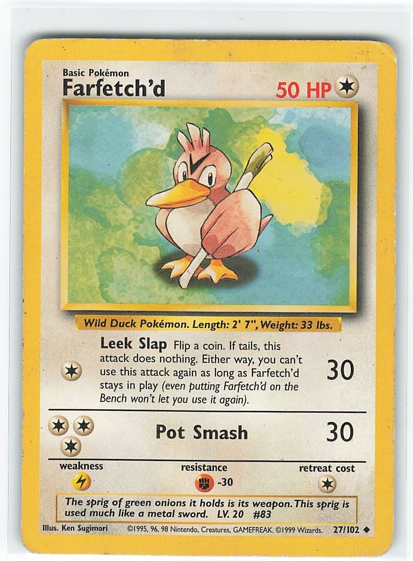 FARFETCH\'D 27/102 UNCOMMON BASE SET UNLIMITED POKEMON HEAVILY PLAYED FARFETCH\'D 27/102 UNCOMMON BASE SET UNLIMITED POKEMON HEAVILY PLAYED
