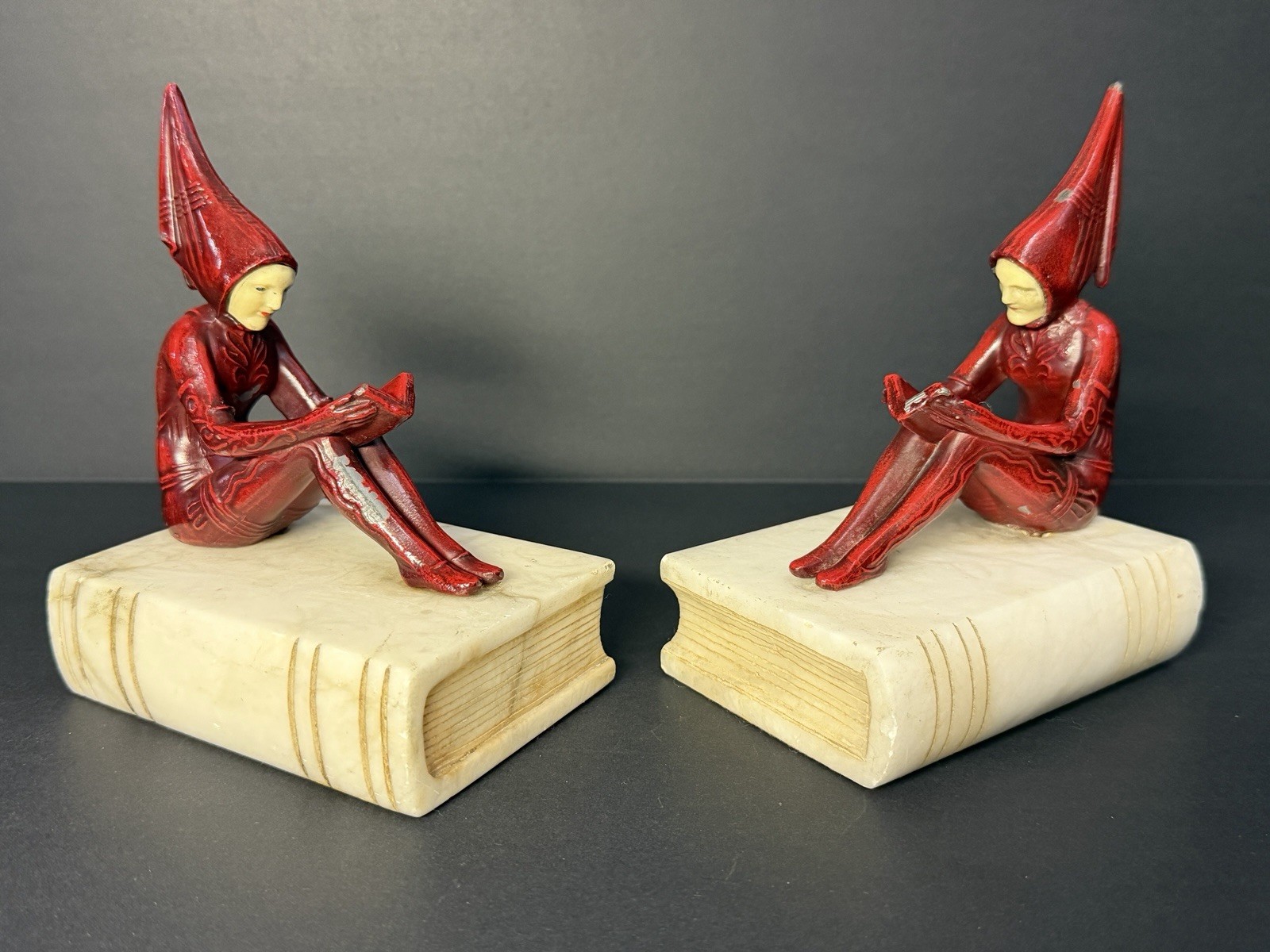 Antique 1930s Art Deco J.B. Hirsch Pixie Girl Reading Bookends Marble Bases Pair