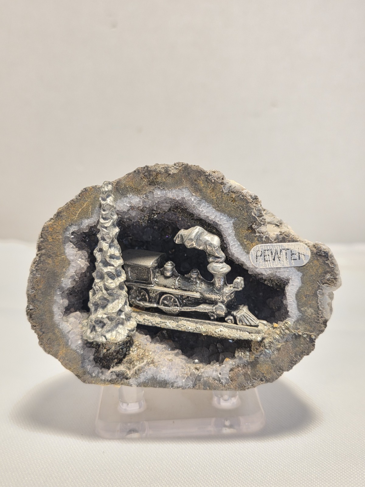 Vintage Pewter Steam Locomotive Train Figurine on Polished Agate Geode Base Vintage Pewter Steam Locomotive Train Figurine on Polished Agate Geode Base