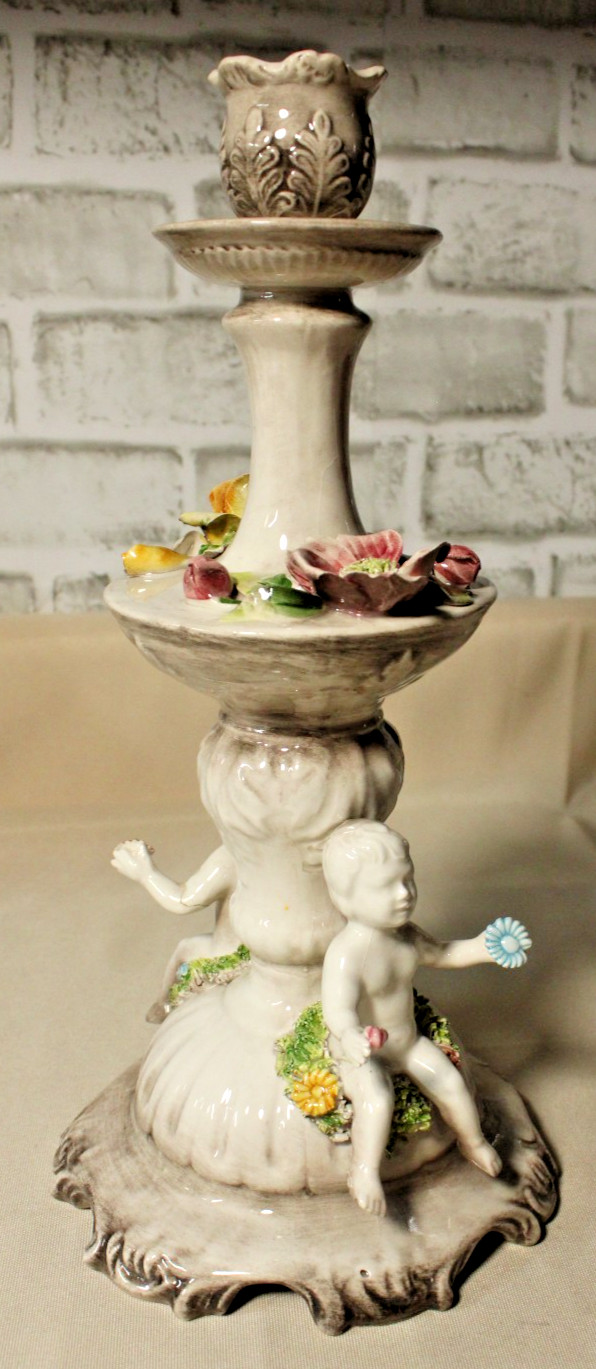 VTG Porcelain Cherub Candlestick Capodimente Applied Floral Details 12\