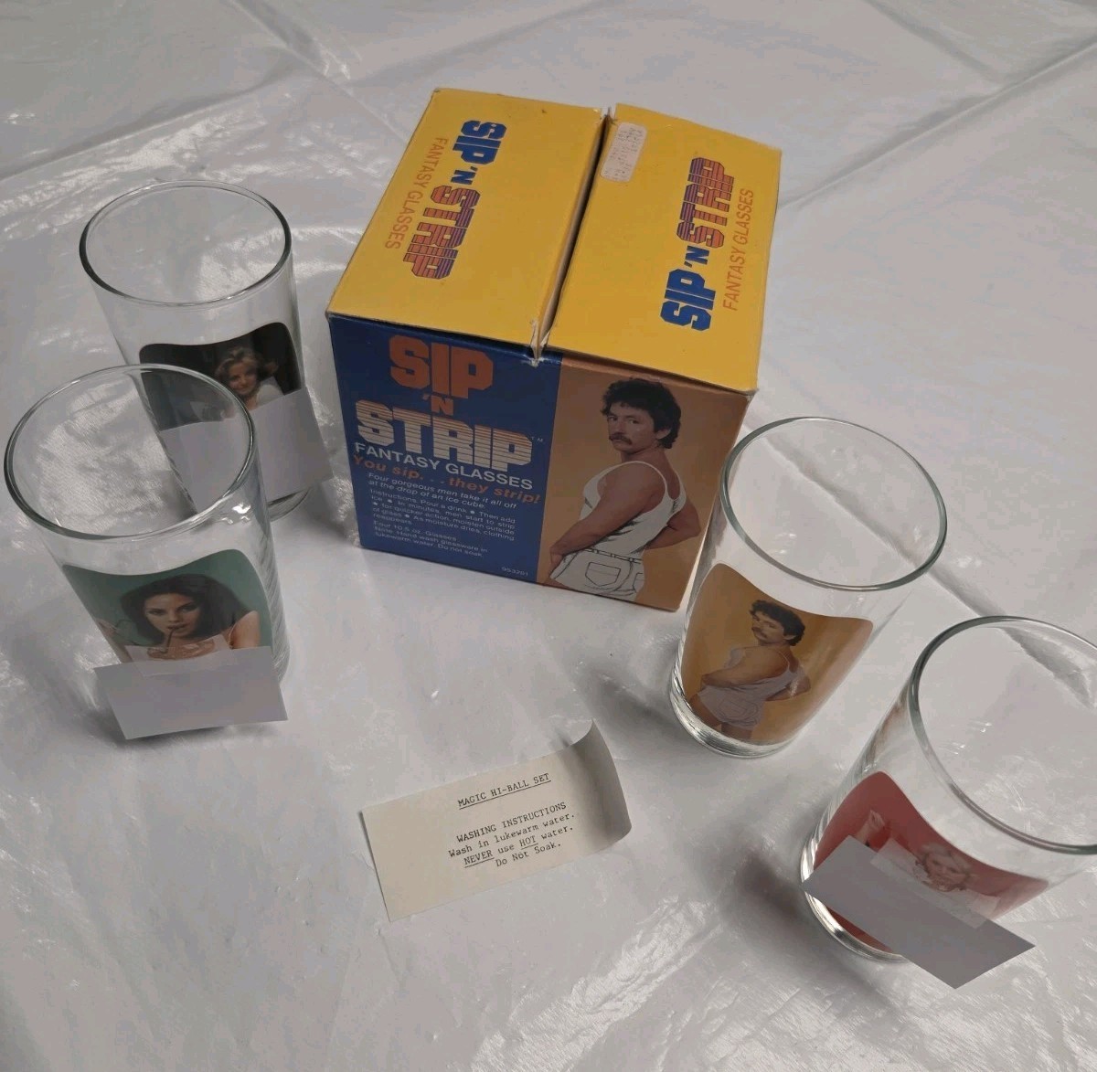 Vintage 1983 Spencer Gifts Sip \'N Strip Fantasy Drinking Glasses Set Of 4 READ Vintage 1983 Spencer Gifts Sip \'N Strip Fantasy Drinking Glasses Set Of 4 READ
