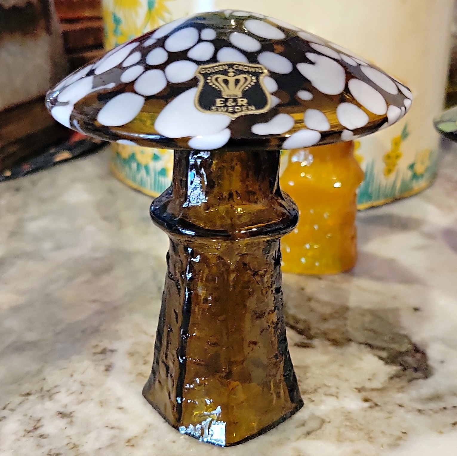 Bo Borgström E&R Sweden Art Glass Spotted White/Brown Mushroom Vintage Figurine