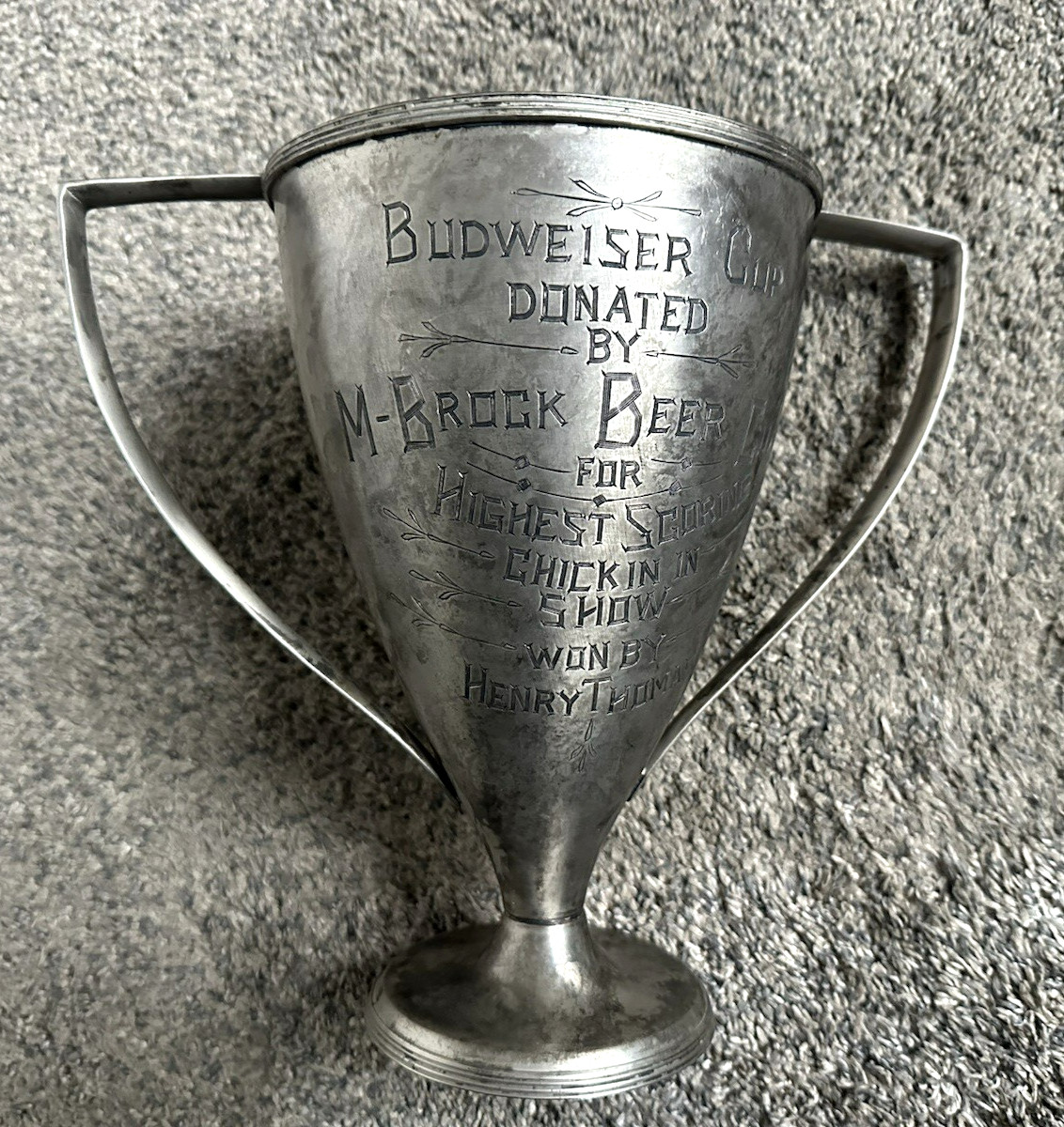 Metal BUDWEISER Trophy Cup Galveston County TEXAS Dec 1911. Chicken Show BEER Co