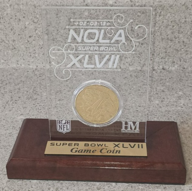 Super Bowl XLVII 24k Gold Flashed Game Coin Encapsulated W/ Stand # 232 Of 10000 Super Bowl XLVII 24k Gold Flashed Game Coin Encapsulated W/ Stand # 232 Of 10000