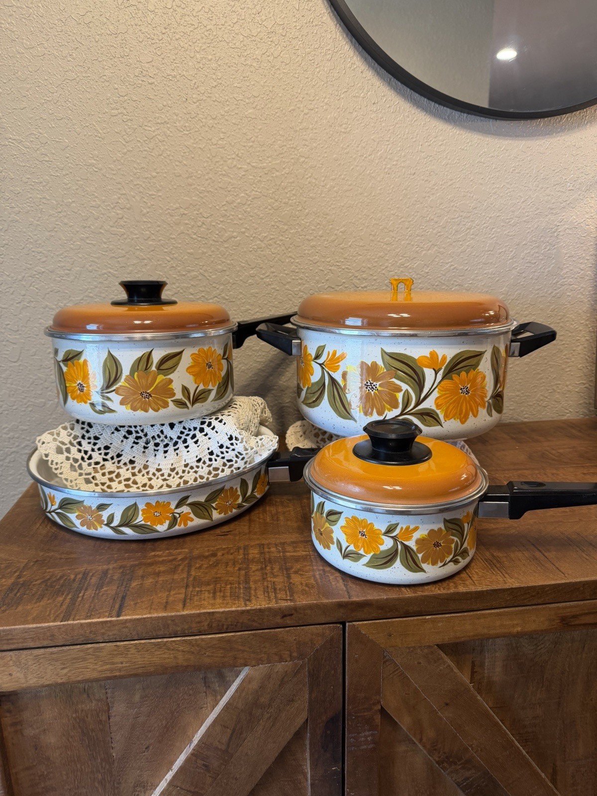 7 Piece JMP Capri Spain Enamel Floral 70’s Cookware Set Harvest Gold Pot Pan