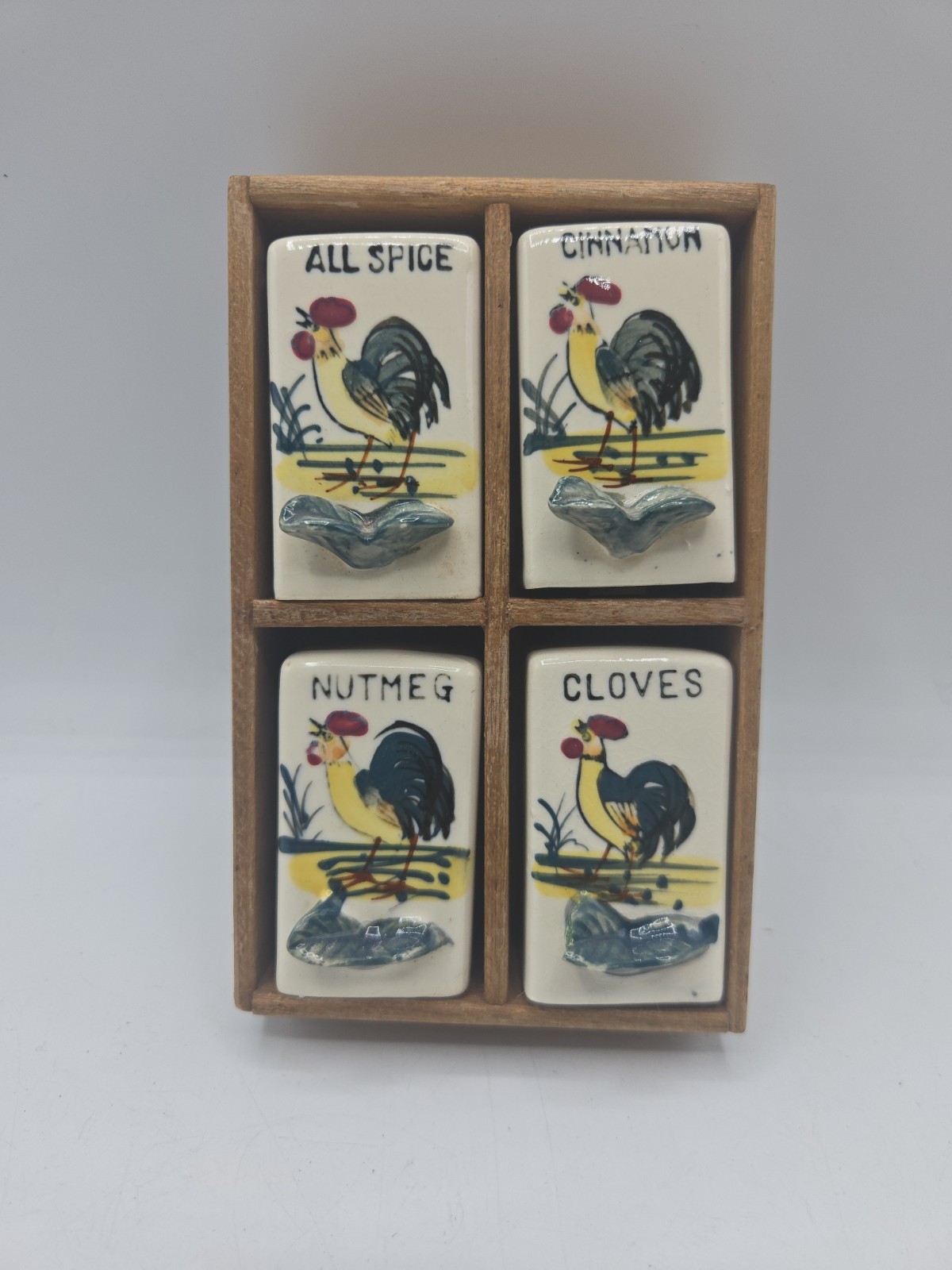 Vintage MCM 1950s Japan Ceramic Wood Rooster Spice Rack Cabinet Drawer Set Kitsc Vintage MCM 1950s Japan Ceramic Wood Rooster Spice Rack Cabinet Drawer Set Kitsc