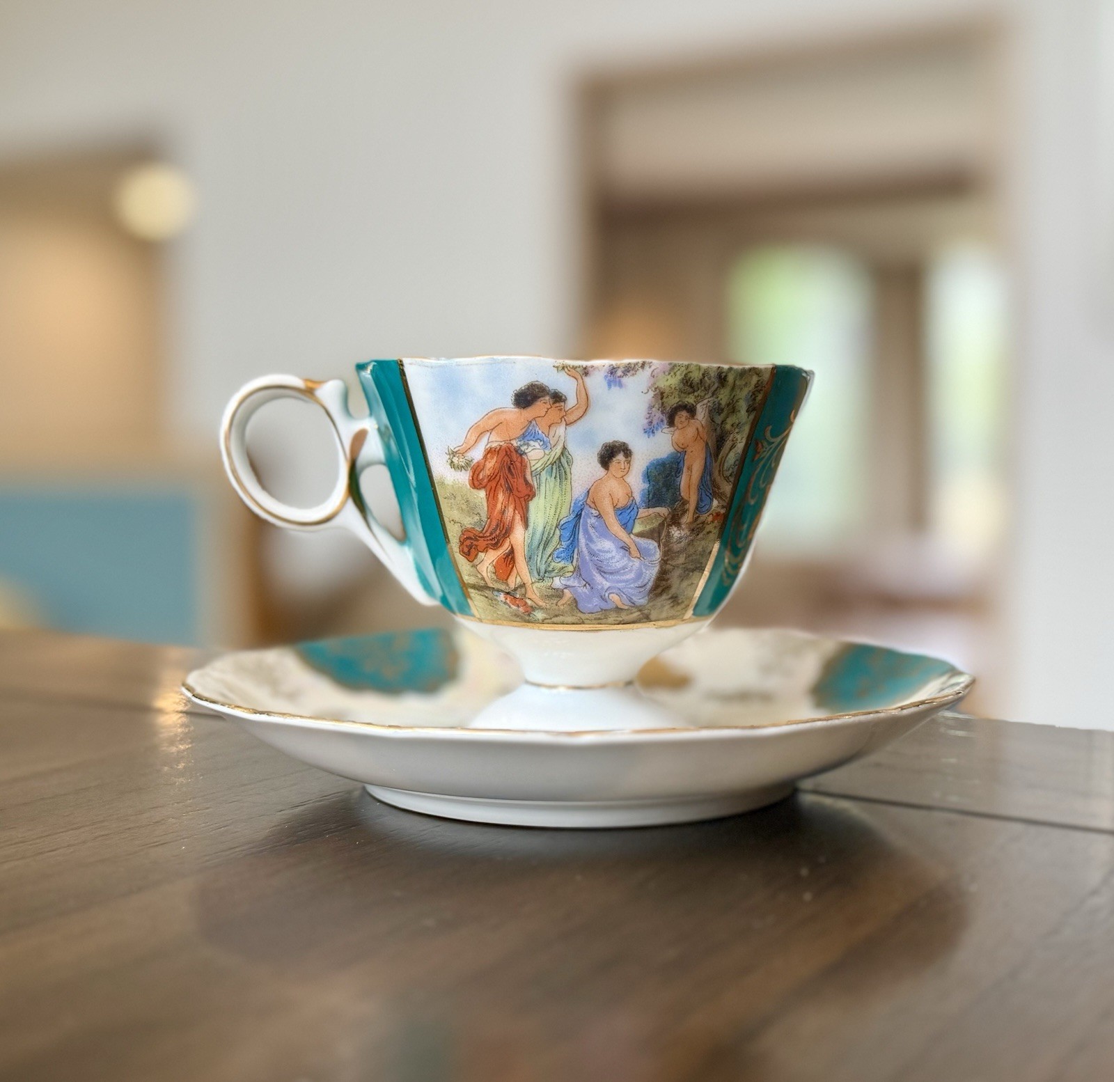 Vintage Royal Halsey Tea Cup Saucer Turquoise Gold Classical Scene Footed