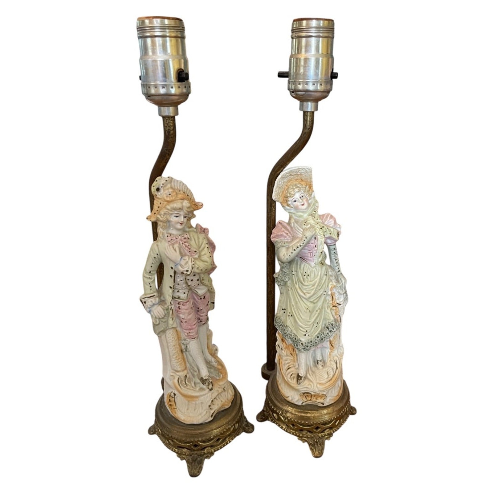 Vintage Table Boudoir Lamps Figural Victorian Man Woman Porcelain 14.5
