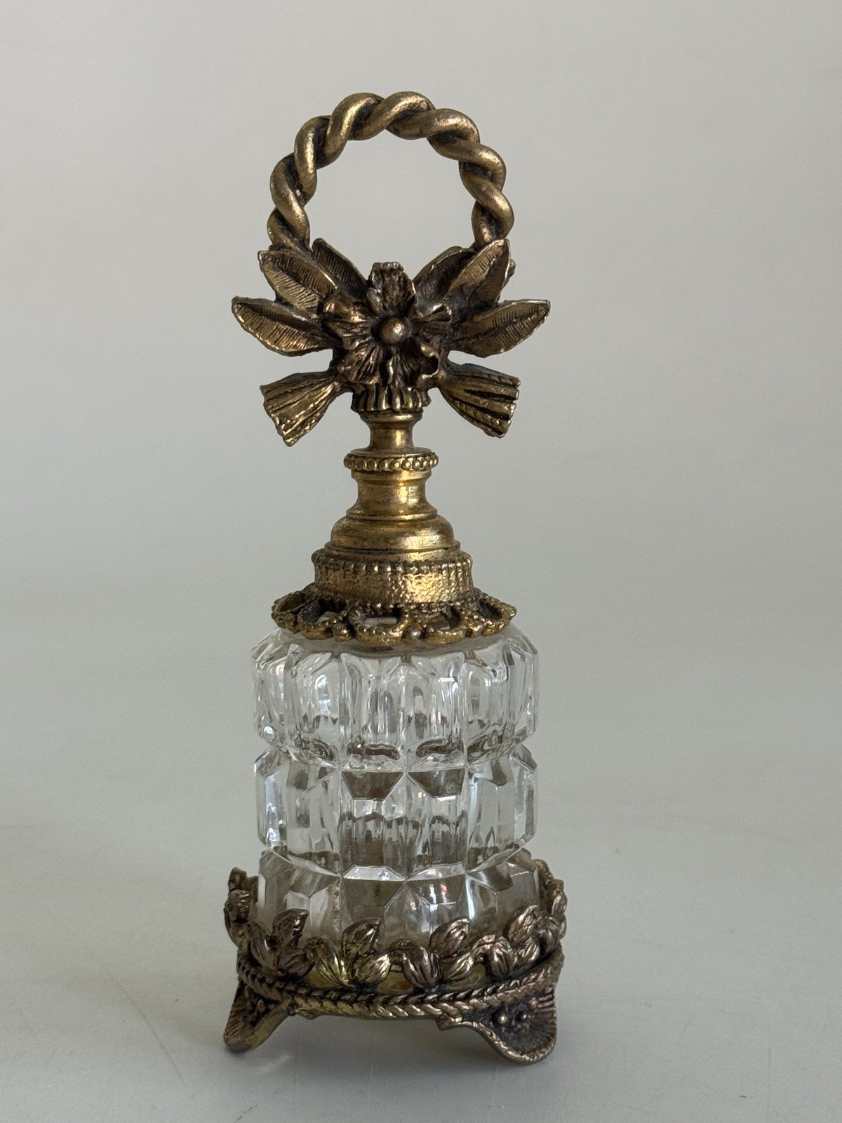 Vintage 5.75” Ornate Glass Perfume Bottle Gilt Ormolu Floral Vanity Dresser