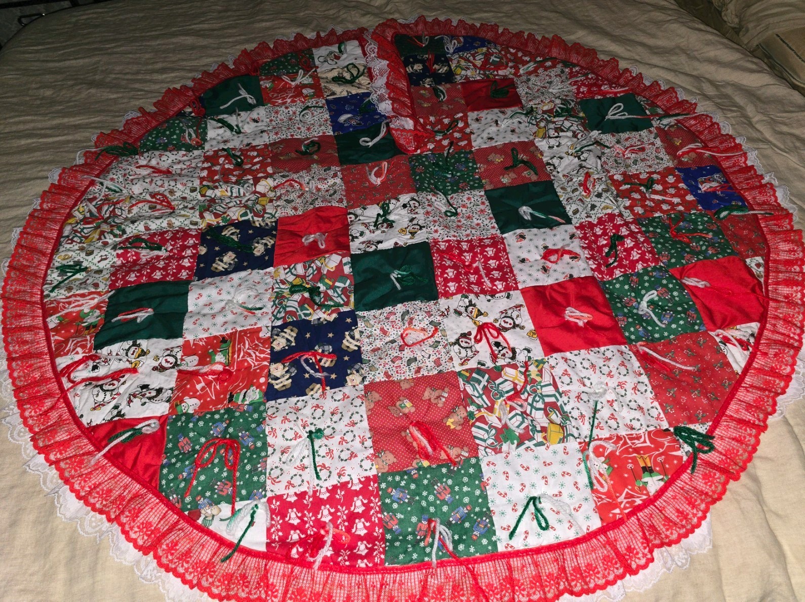 Vintage Handmade Patchwork Quilted Large Christmas Tree Skirt, 48 Inch Round.