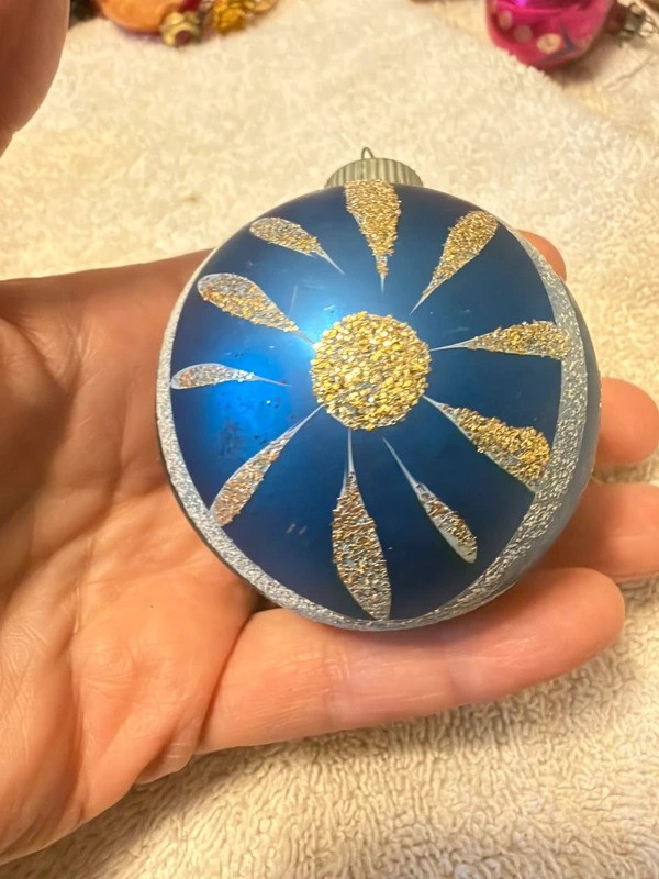 Vintage Shiny Brite blue glass Christmas Ornament Gold Glitter Starburst MCM