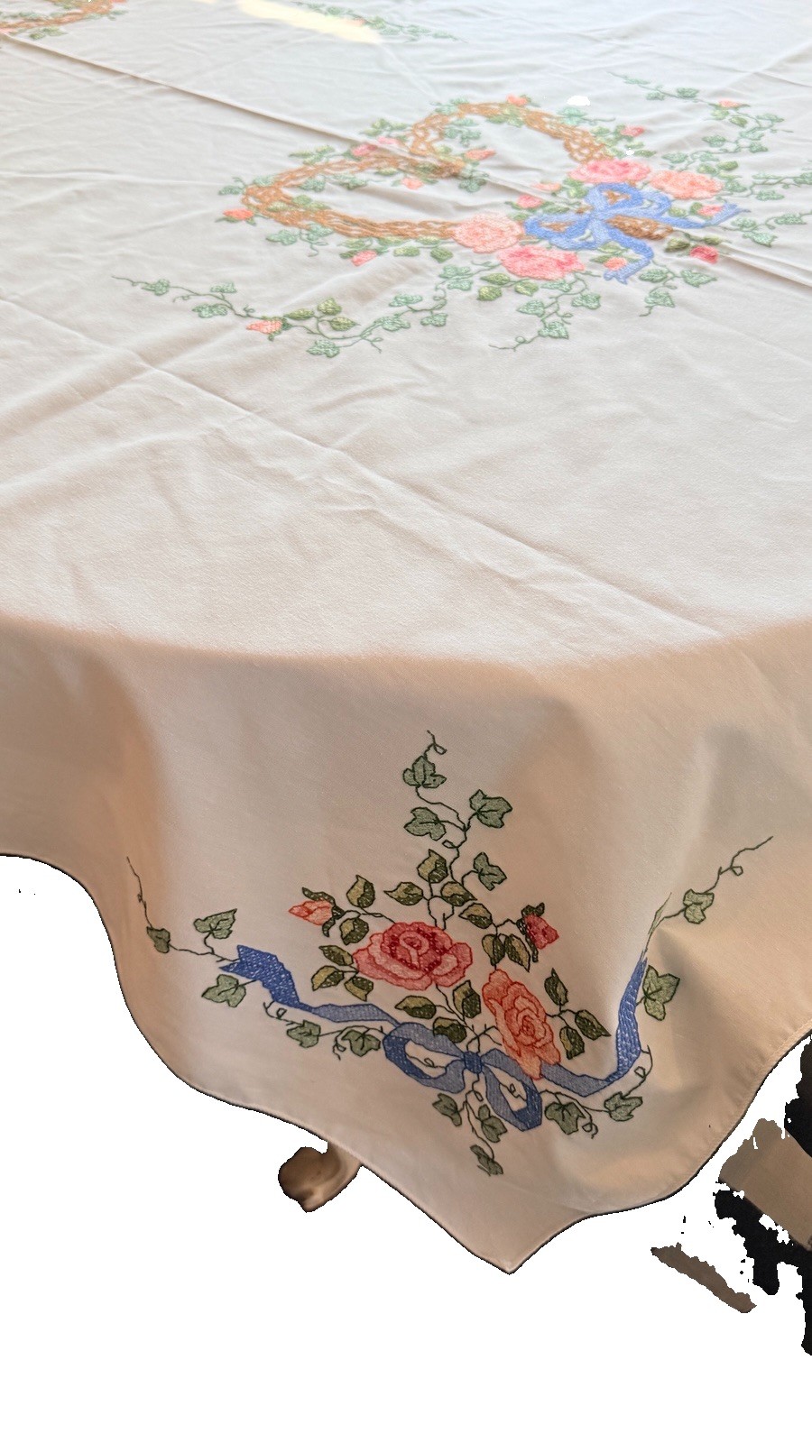 Hand Embroidered Tablecloth Roses Ivy Ribbon Heart 67x52 Cottagecore Vtg Dining