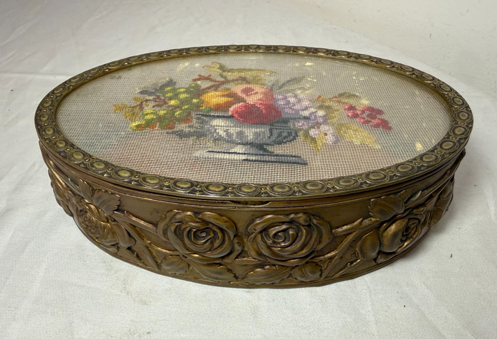 antique 1800's French handmade micro petit point bronze dresser jewelry box jar antique 1800's French handmade micro petit point bronze dresser jewelry box jar