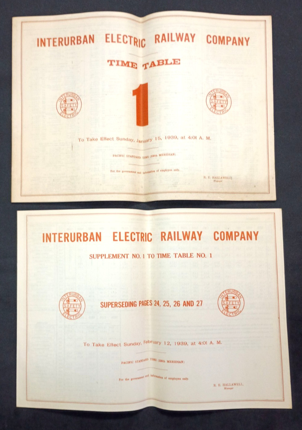 1939 INTERURBAN ELECTRIC RAILWAY COMPANY EMPLOYEE TIME TABLE NO. 1 W/ SUPPLEMENT