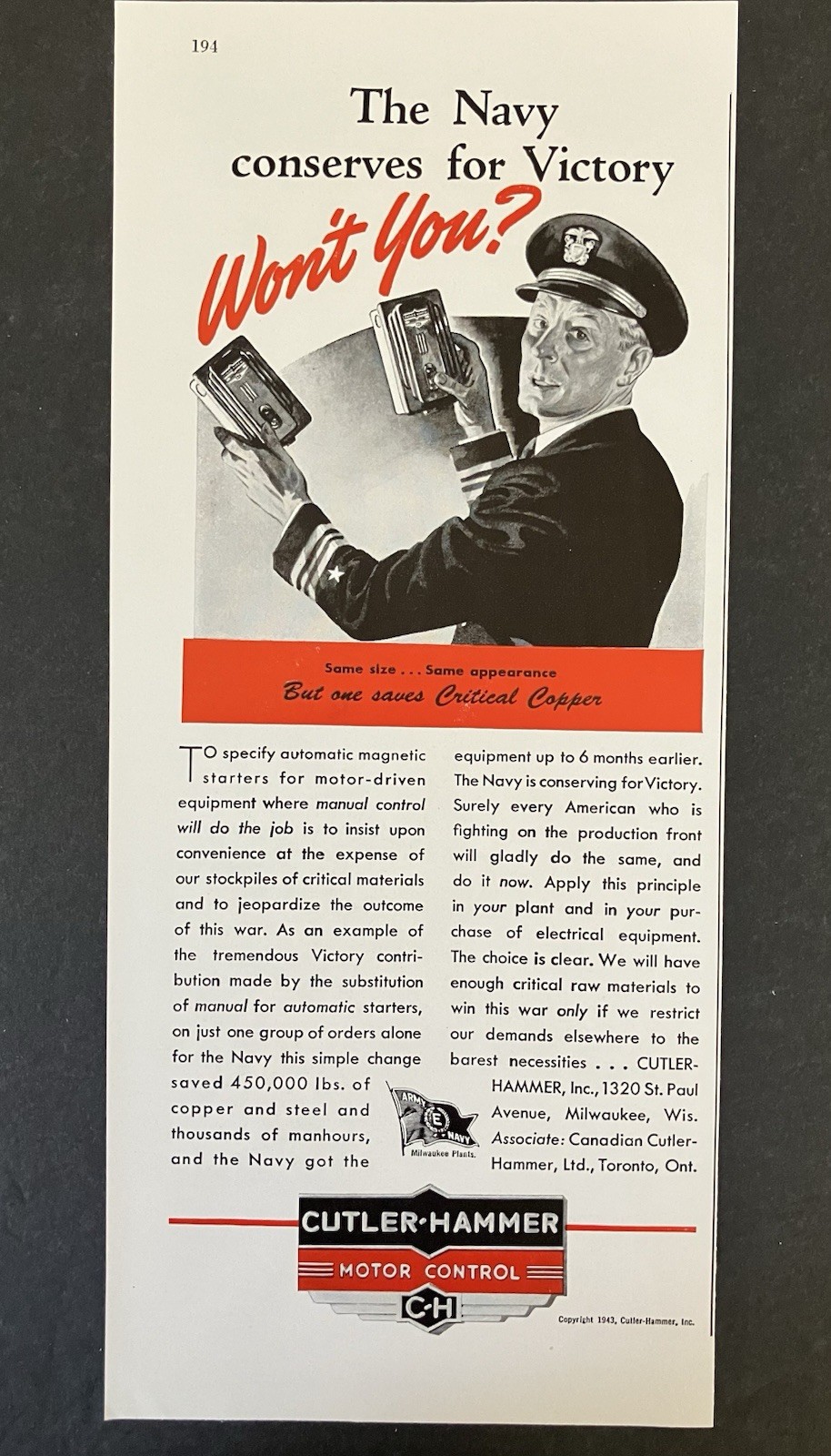 1943 Cutler-Hammer Motor Control The Navy Conserves for Victory Vintage Print Ad