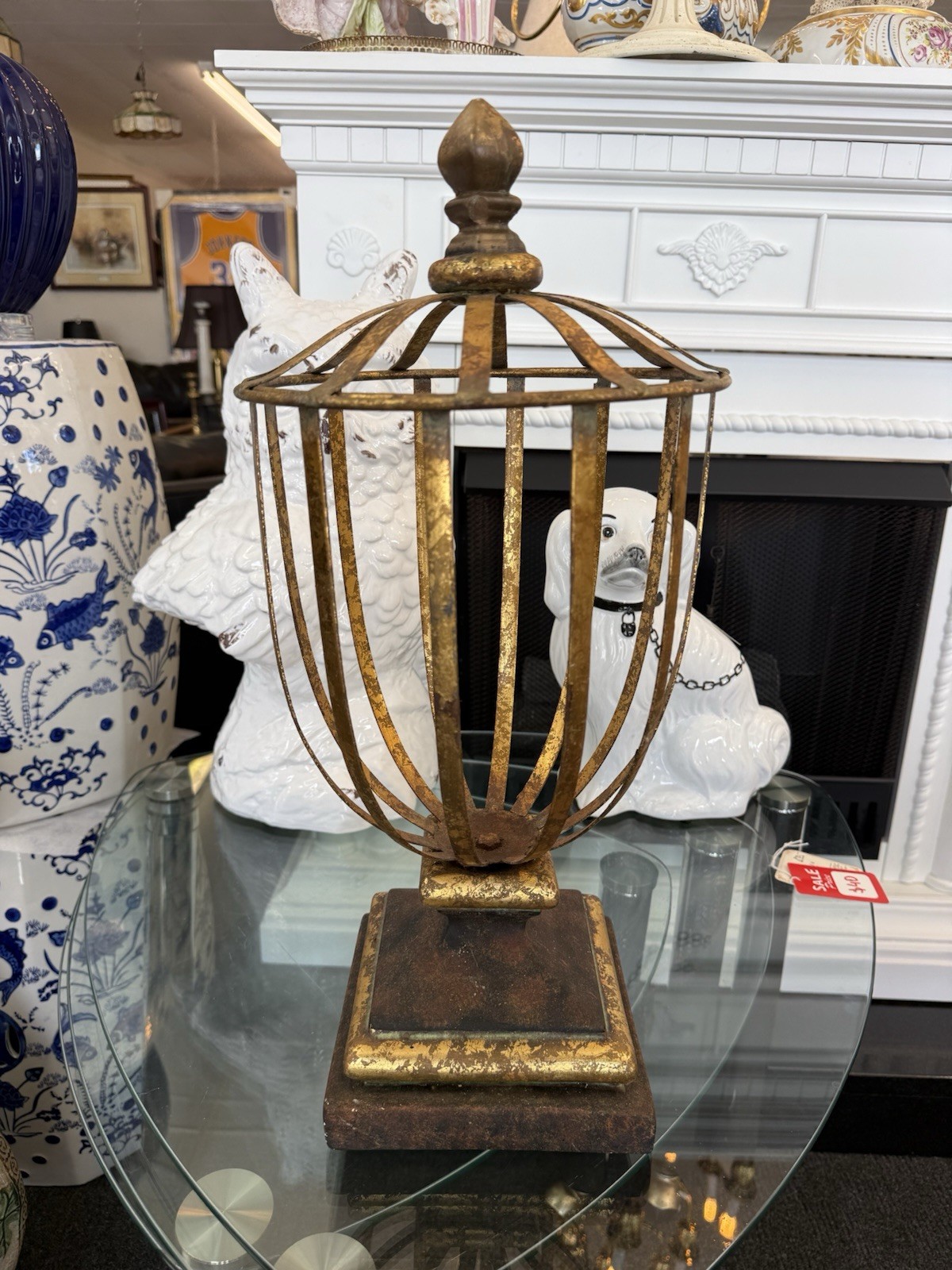 Vintage French Country Solid Brass Strap Cage Plant Holder Finial Verdigris