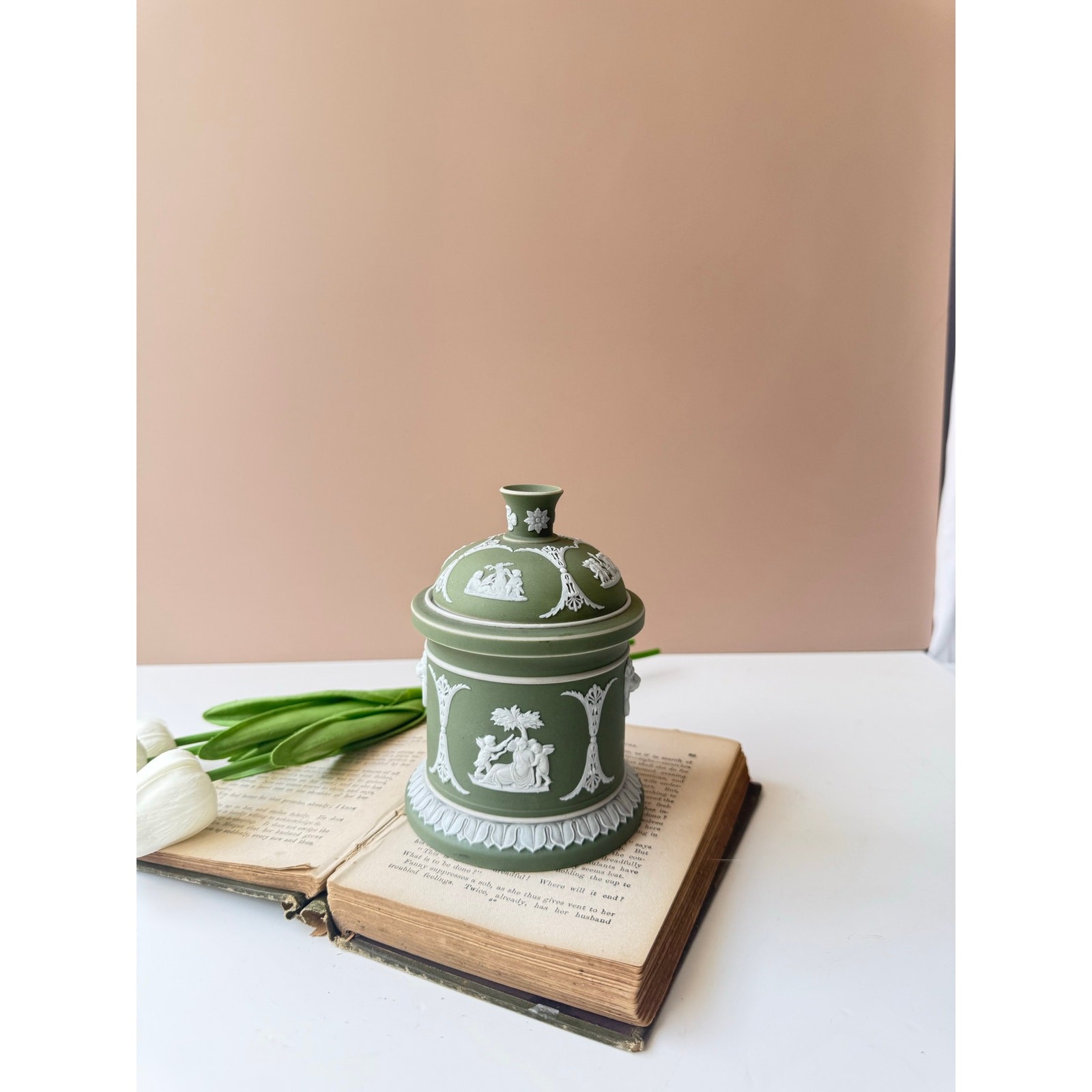 Vintage Wedgwood Jasperware Sage Green Lidded Tobacco Jar Lion and Neoclassical