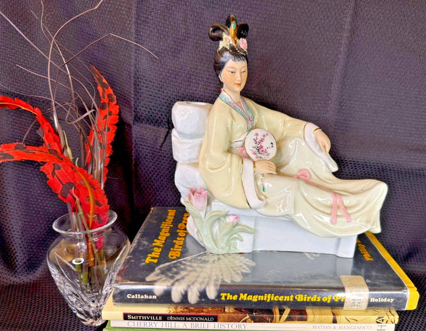 Vintage Chinese Porcelain Lounging Geisha Asian Woman Holding Fan and Bud Vase