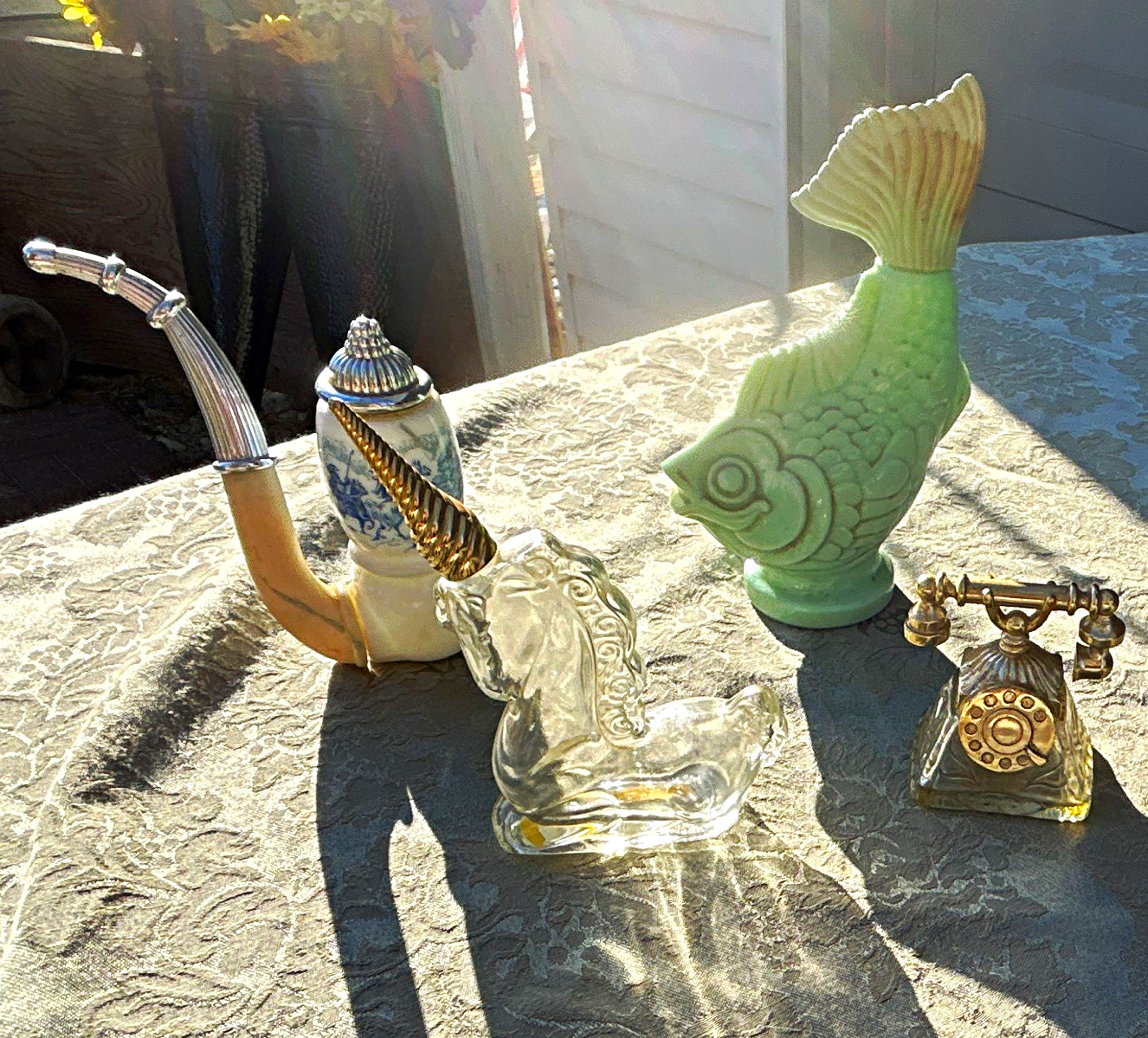 Avon Lot of 4 very rare, Avon decanter bottles, including filled flowers unicorn Avon Lot of 4 very rare, Avon decanter bottles, including filled flowers unicorn