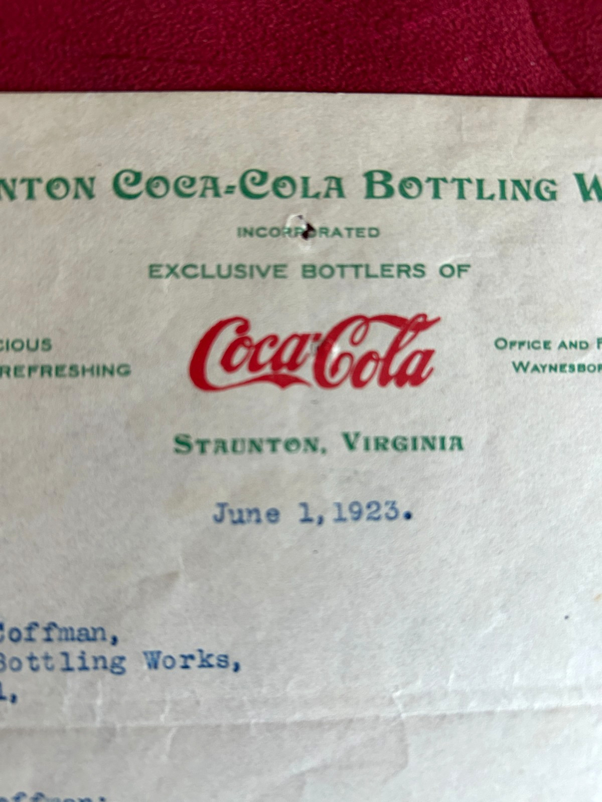 1923 Coca-Cola Bottling Works Staunton Virginia Letterhead