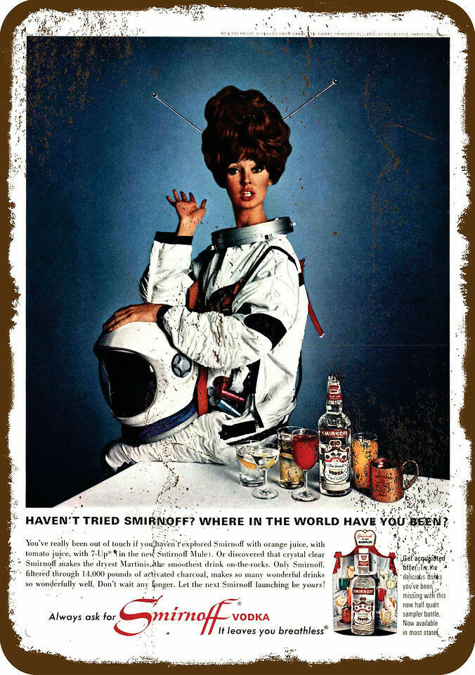 1966 SMIRNOFF Vodka & Astronaut Woman Vintage-Look DECORATIVE REPLICA METAL SIGN 1966 SMIRNOFF Vodka & Astronaut Woman Vintage-Look DECORATIVE REPLICA METAL SIGN