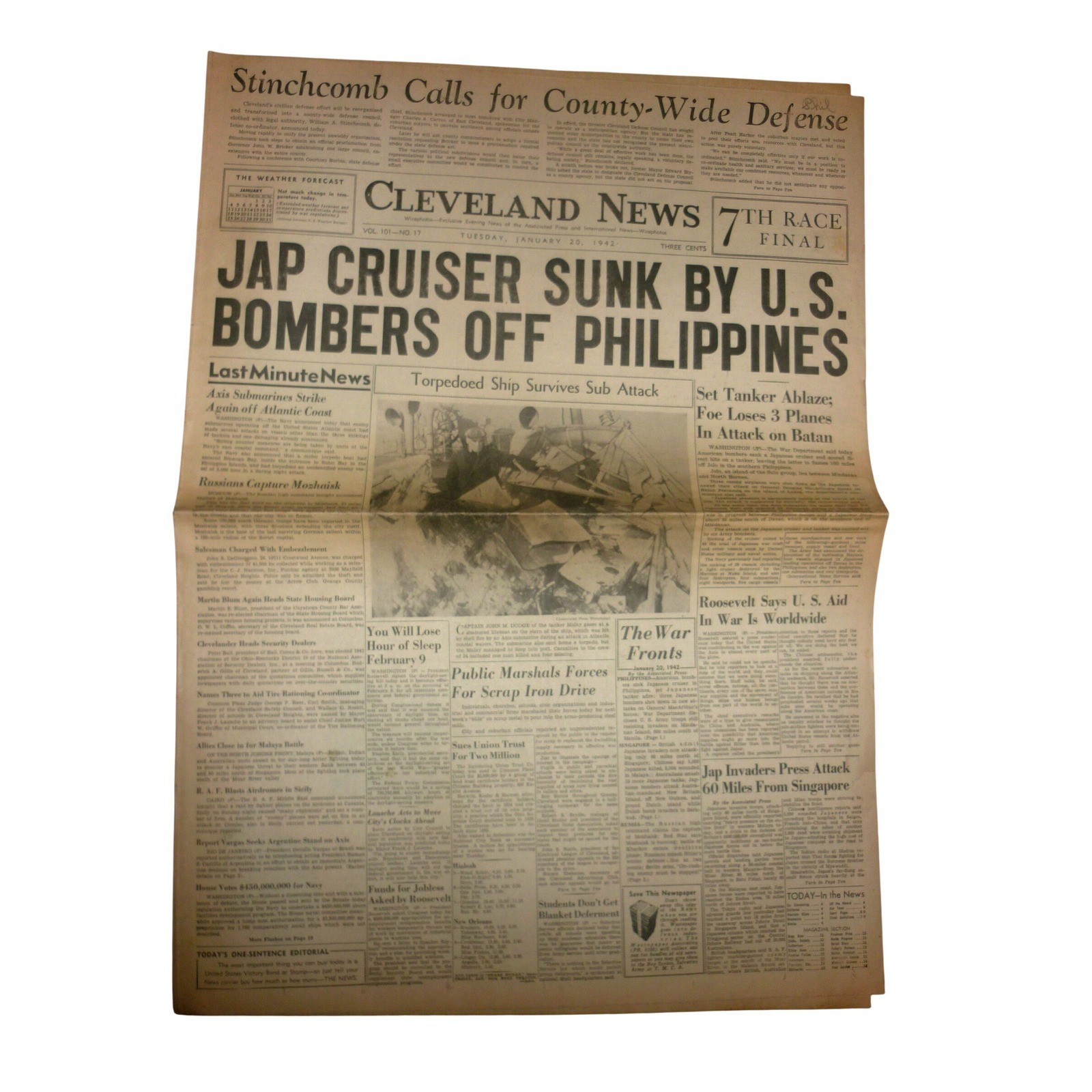 Vintage Jan 20 1942 Cleveland News Newspaper WWII Jap Cruiser Sunk Bataan Vintage Jan 20 1942 Cleveland News Newspaper WWII Jap Cruiser Sunk Bataan