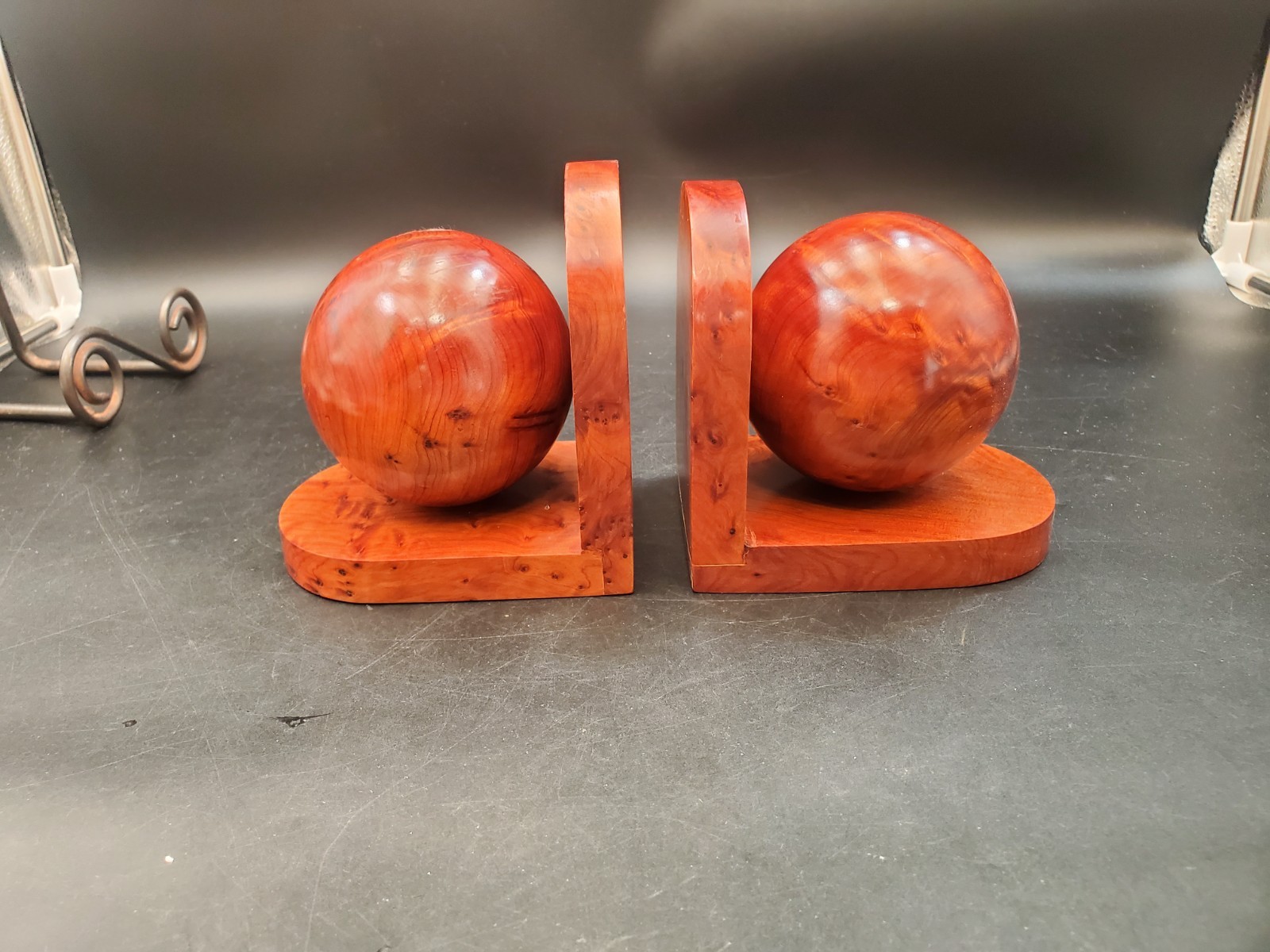 Pair, Art Deco French Burl Wood Sphere Bookends