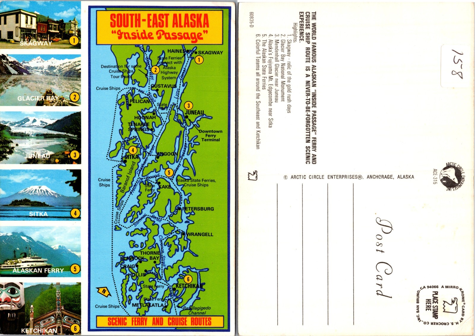 Continental South East Alaska Inside Passage Map Postcard