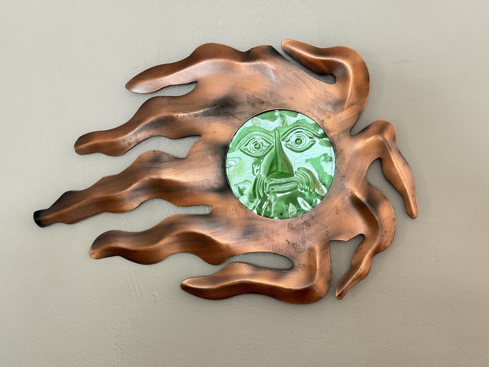 Vtg Copper Wind Swept Celestial Wall Art Hanging Decor Green Glass Face 17”x12