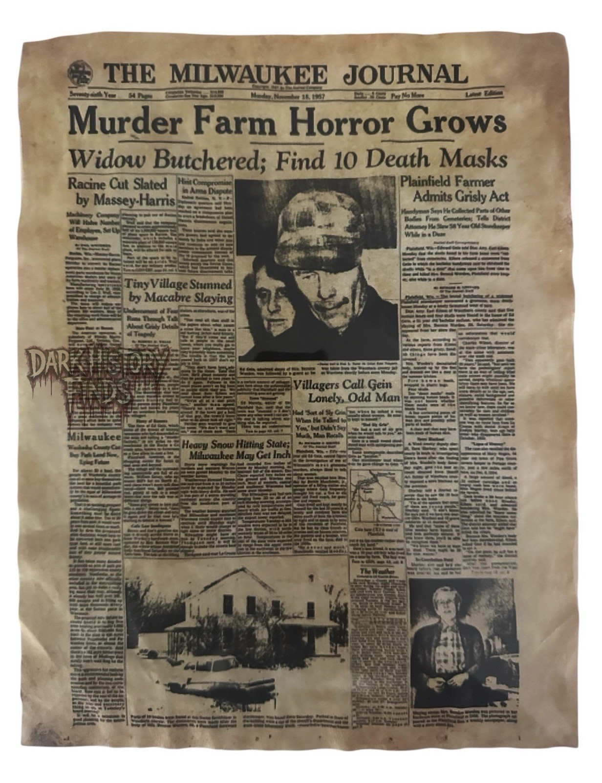 Ed Gein The Milwaukee Journal Murder Farm Horror News Paper Headline Ed Gein The Milwaukee Journal Murder Farm Horror News Paper Headline