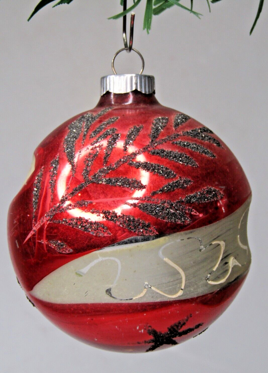 Vintage Glass Fluted BALL Glitter Branches Stencil Christmas Ornament Germany