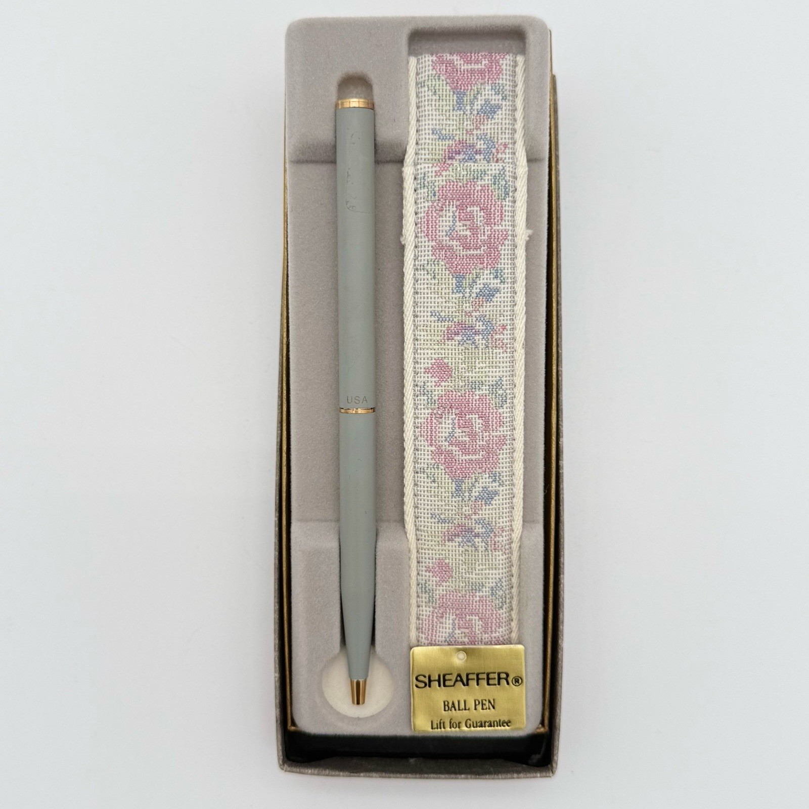 Vintage Sheaffer White Dot Fashion Ballpoint Pen Pastel Blue Rose Tapestry Case