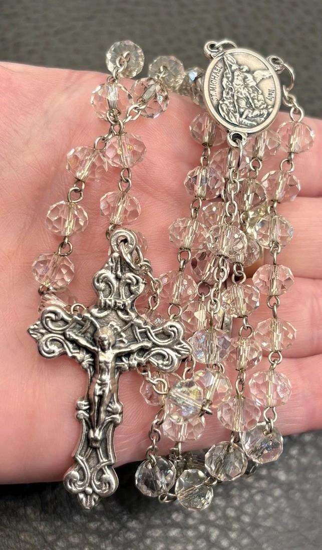 VTG St Michael Crucifix Rosary AB Crystal Glass Beads Italy Silver Tone 26” VTG St Michael Crucifix Rosary AB Crystal Glass Beads Italy Silver Tone 26”