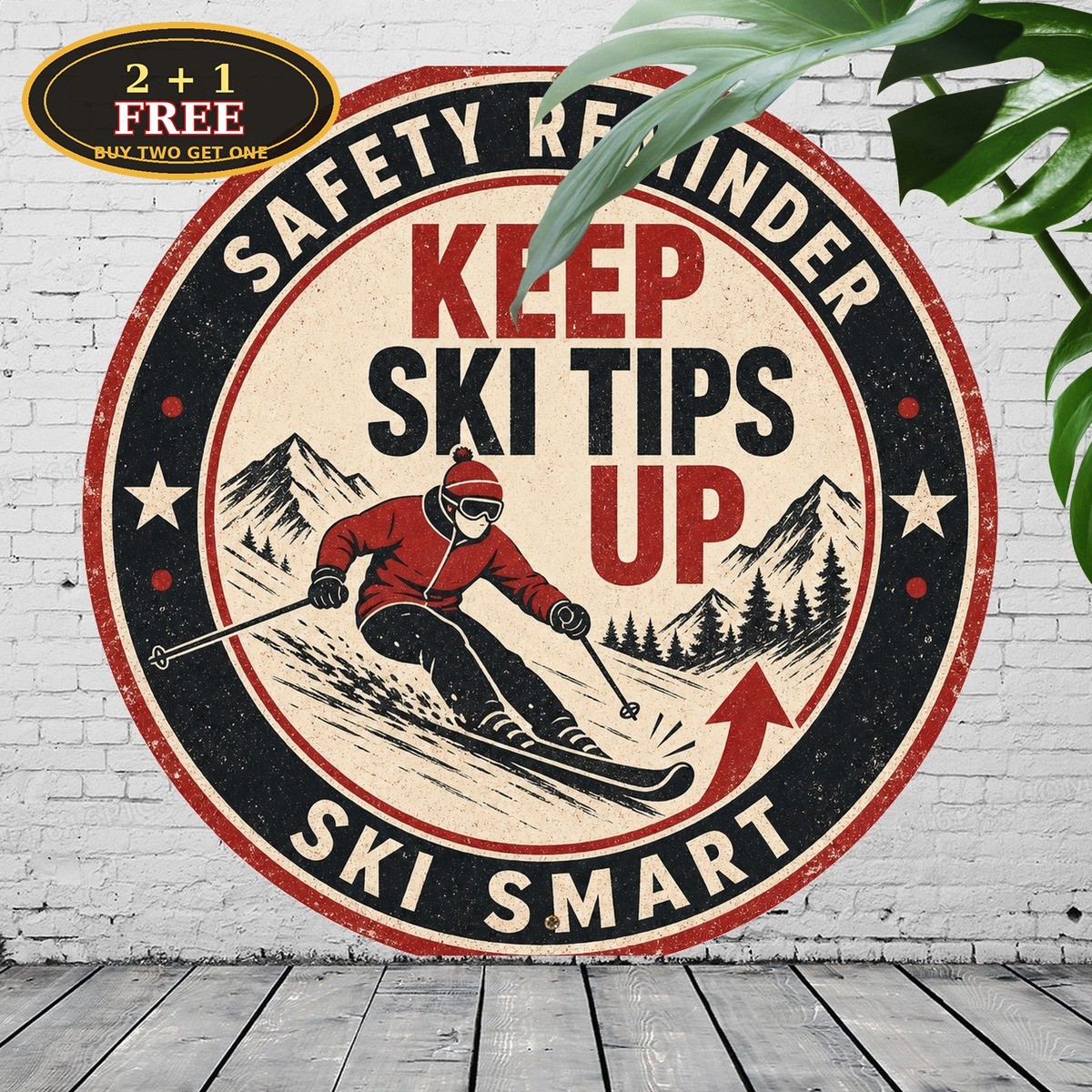 keep_ski_tips_up_ski_safety_badge_retro_skier_up_arrow_double_ring_border_vintag