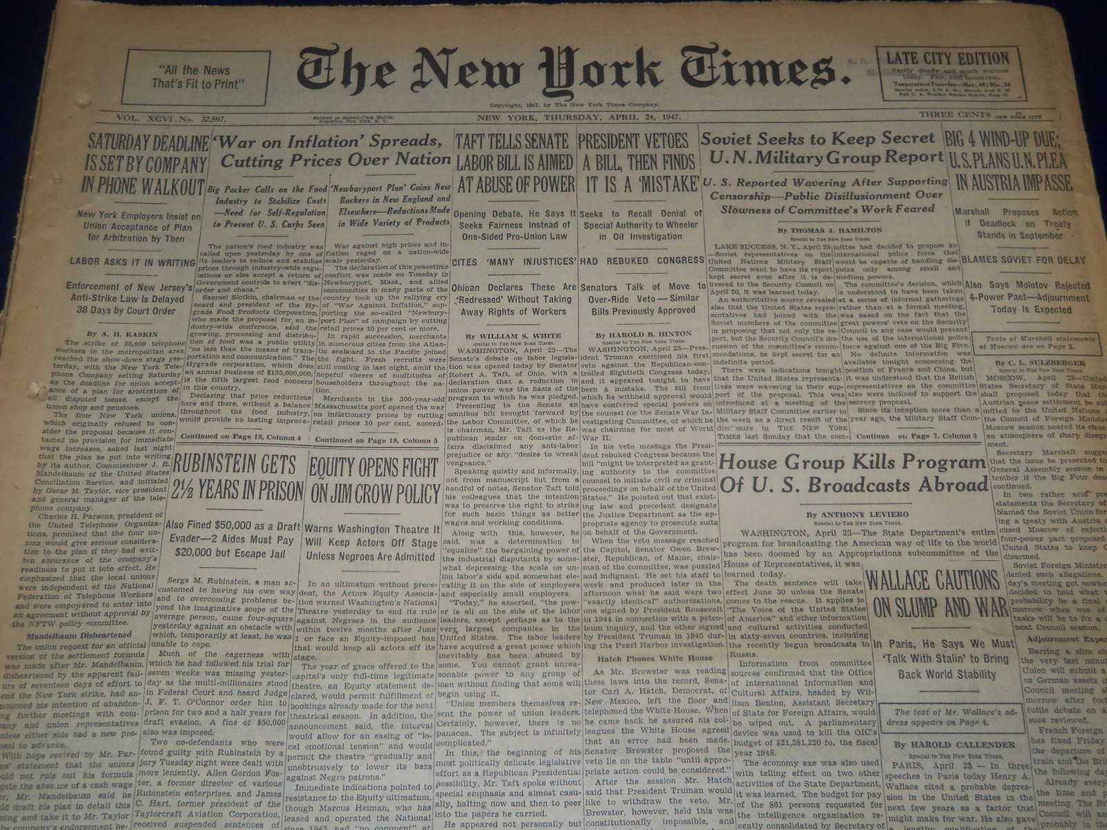 1947 APRIL 24 NEW YORK TIMES - EQUITY FIGHTS JIM CROW - NT 3477 1947 APRIL 24 NEW YORK TIMES - EQUITY FIGHTS JIM CROW - NT 3477