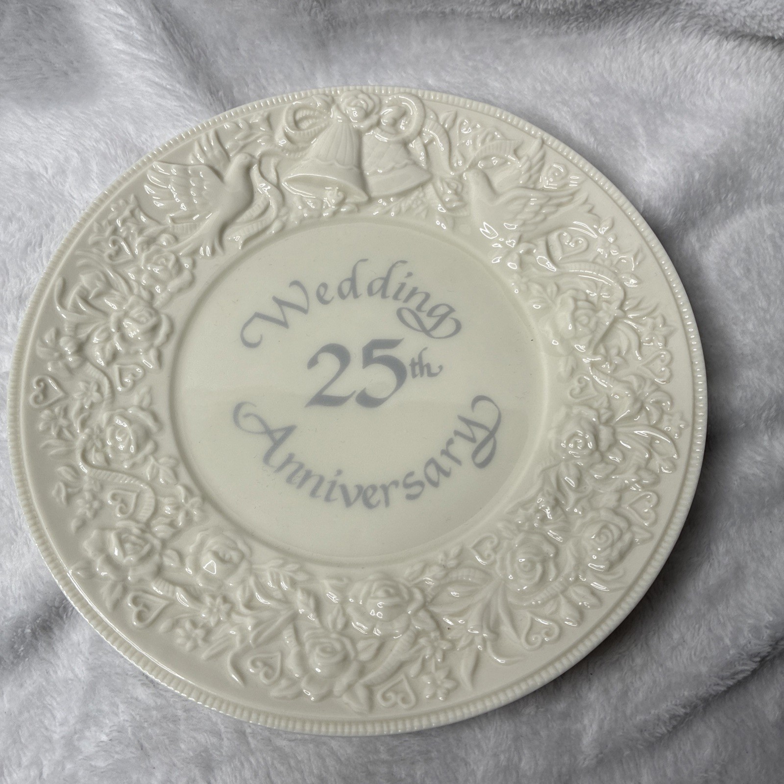 Vintage Russ Berrie 25th Wedding Anniversary Plate Doves Bells 8\