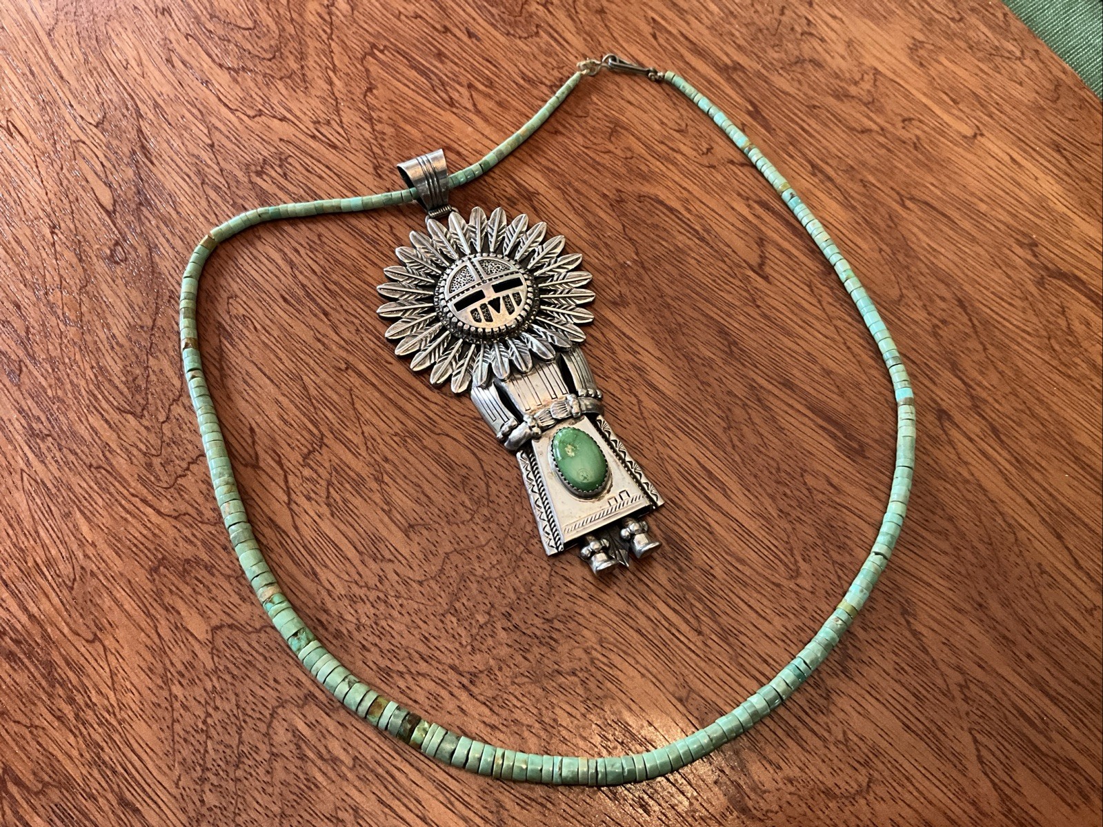 VTG Thomas Byrd Navajo Sterling Silver Green Turquoise Sunface Kachina Necklace