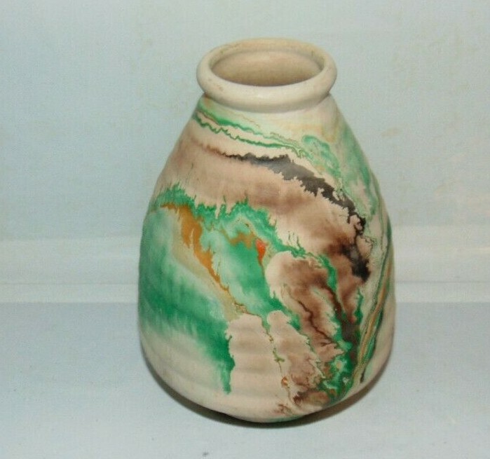 Nemadji Pottery Vase Green Brown Orange Swirls