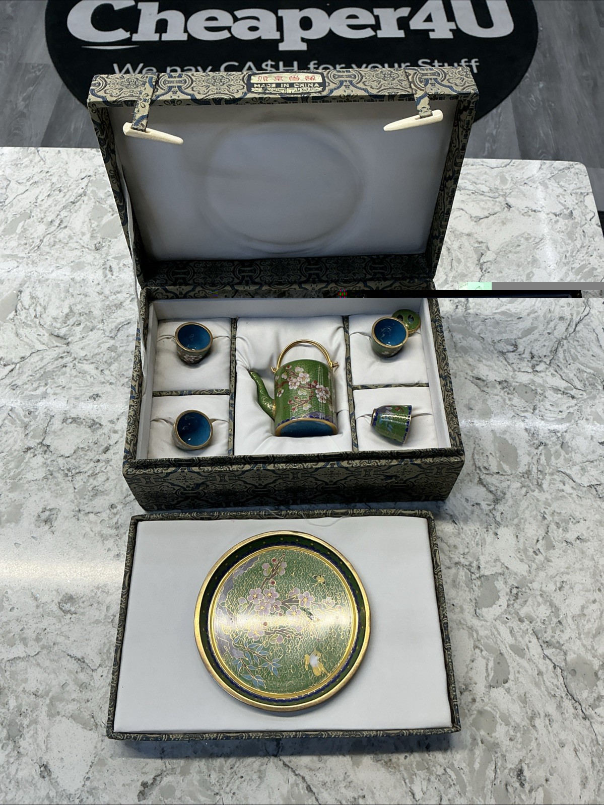 Miniature Chinese Tea Set in Silk Box Green  1970\'s